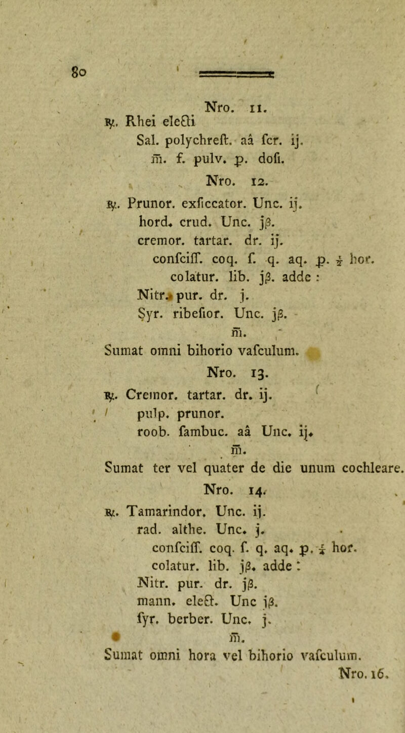 80 1 - Nro. ii. ly. Rhei ele€li Sal. polychreft. aa fer. ij. iTi. f. pulv. p. dofi. Nro. 12. ly.. Prunor. exficcator. Unc. ij. hord* crud. Unc. j(3. cremor, tartar. dr. ij. confcilT. coq. f. q. aq. jx i hor. colatur, lib. j{3. adde : Nitrj* pur. dr. j. Syr. ribefior. Unc. jj3. Sumat omni bihorio vafculum. . Nro. 13. ly. Cremor, tartar. dr. ij. ' / pulp. prunor. roob. fambuc. aa Unc. ij* m. Sumat ter vel quater de die unum cochleare. Nro. 14. I Si. Tamarindor. Unc. ij. rad. althe. Unc* j. confciff. coq. f. q. aq* p. * hor. colatur, lib. j(3* adde : Nitr. pur. dr. j(3. mann. elefh Unc j(3. fyr. berber. Unc. j. • fn. Sumat omni hora vel bihorio vafculum. Nro. 16.