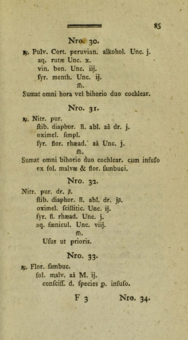 *5 Nro. 30. jy. Pulv. Cort. peruvian. alkohol. Unc. j. aq. rutae Unc. x. vin. bon. Unc. iij. fyr. menth. Unc. ij. ffi. Sumat omni hora vel bihorio duo cochlear. Nro. 31. jy. Nitr. pur. ftib. diaphor. n. abi. aa dr. j. oximel. fimpl. fyr. flor, rhaead.' aa Unc. j. m. Sumat omni bihorio duo cochlear, cum infufo ex fol. malvae &amp; flor, fambuci. Nro. yi. Nitr. pur. dr. p. ftib. diaphor. ii. abi. dr. j/3. oximel. fcillitic. Unc. ij. fyr. fl. rhaead. Unc. j. aq. faenicul. Unc. viij. ffi. Ufus ut prioris. Nro. 33. iy. Flor, fambuc. fol. malv. aa M. ij. confciff. d. fpecies j&gt;. infufo.