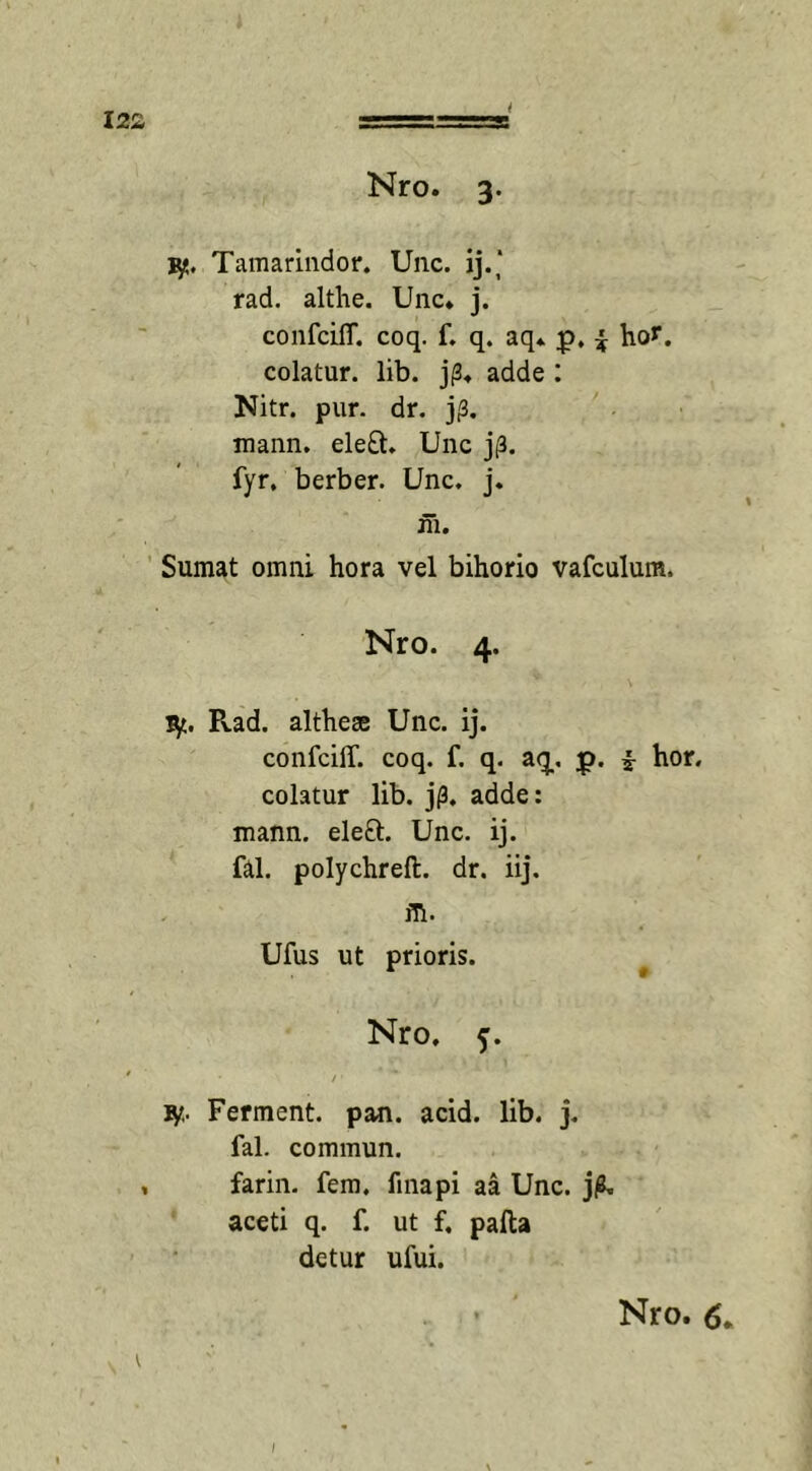 Nro. 3. iy&gt;. Tamarindor. Unc. ij.‘ rad. althe. Unc* j. confciff. coq. f. q. aq* p, £ ho*. colatur, lib. j(3* adde : Nitr. pur. dr. jp. mann. eleft. Unc j(3. fyr. berber. Unc. j. ni. Sumat omni hora vel bihorio vafculum. Nro. 4. fy. Rad. altheae Unc. ij. confciff. coq. f. q. aq,. p. £ hor. colatur lib. j(3. adde: mann. eleft. Unc. ij. fal. polychreft. dr. iij. ffl. Ufus ut prioris. Nro. 5. / * iy,. Ferment. pan. acid. lib. j. fal. commun. , farin. fem. finapi aa Unc. 3/8, aceti q. f. ut f. pafta detur ufui. Nro. 6* /