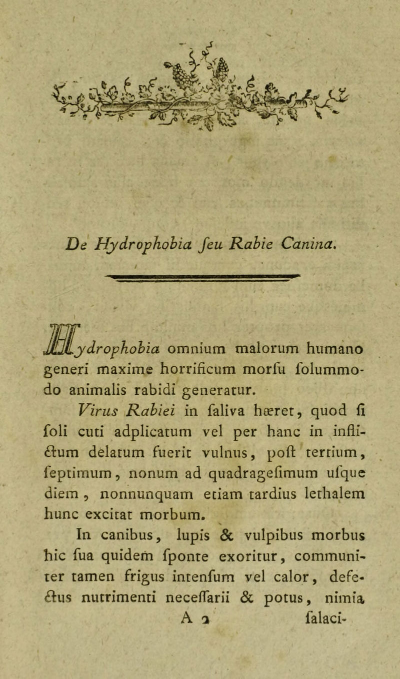 De Hydrophobia Jeu Rabie Canina. Irophobia omnium malorum humano generi maxime horrificum morfu Iblummo- do animalis rabidi generatur. Virus Rabiei in faliva heeret, quod 11 foli cuti adplicatum vel per hanc in infli- £l:um delatum fuerit vulnus, poft tertium, feptimum, nonum ad quadragefimum ufque diem , nonnunquam etiam tardius lethalem hunc excitat morbum. In canibus, lupis &lt;Sc vulpibus morbus hic fua quidem fponte exoritur, communi' ter tamen frigus intenfum vel calor, defe- ctus nutrimenti necelTarii «Sc potus, nimia