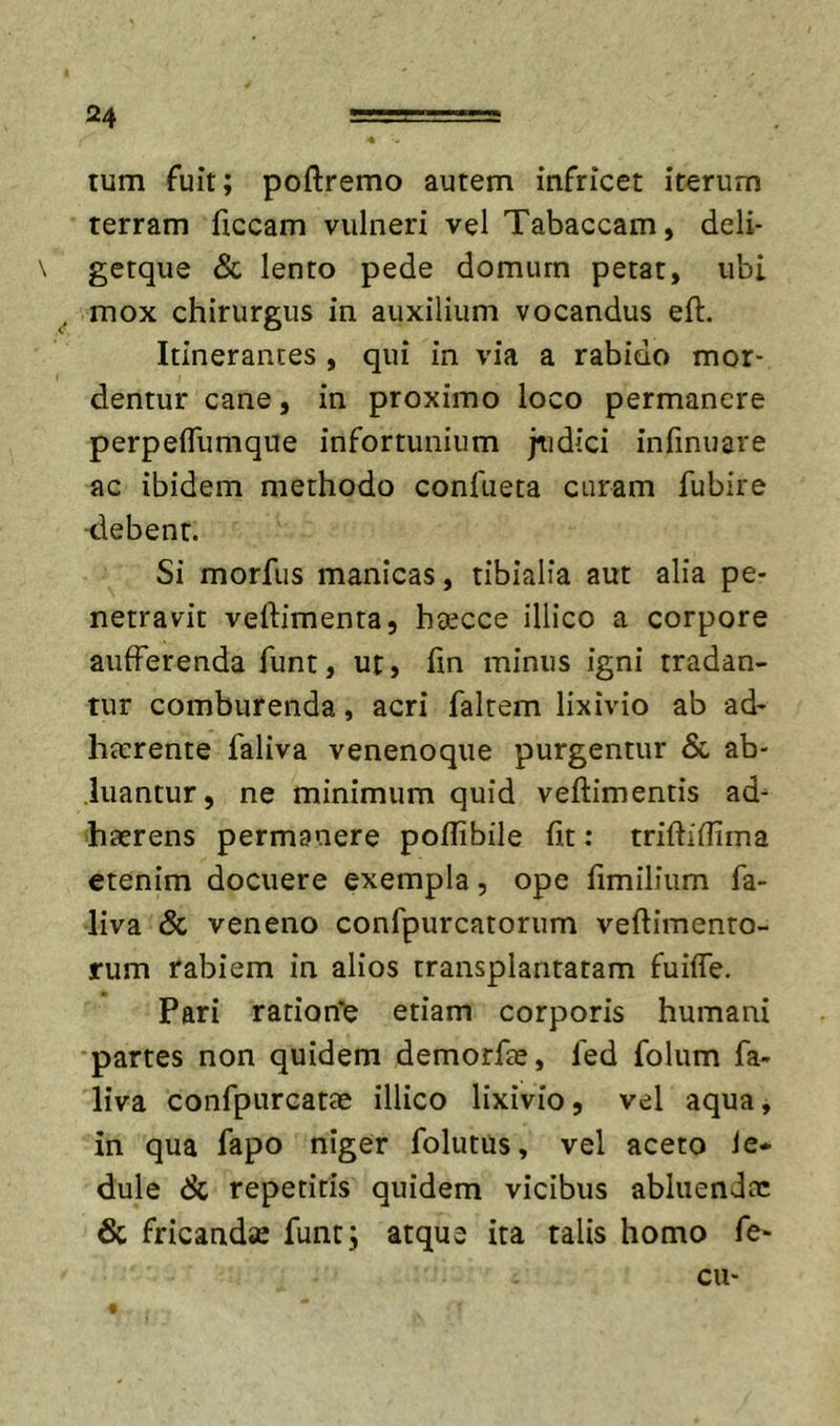 tum fuit; poftremo autem infricet iterum terram ficcam vulneri vel Tabaccam, deli- \ gerque &amp; lento pede domum petat, ubi ^ mox chirurgus in auxilium vocandus eft. Itinerantes , qui in via a rabido mor- dentur cane, in proximo loco permanere perpefliimque infortunium judici inlinuare ac ibidem methodo confueca curam fubire -debent. Si morfus manicas, tibialia aut alia pe- netravit veftimenta, heecce illico a corpore aufFerenda funt, ut, fin minus igni tradan- tur comburenda, acri faltem lixivio ab ad- hterente faliva venenoque purgentur &amp; ab- luantur, ne minimum quid veftimentis ad- haerens permanere poflibile fit; triftifiima etenim docuere exempla, ope fimilium fa- liva &amp; veneno confpurcatorum veftimento- rum rabiem in alios transplantatam fuifie. Pari ratiorfe etiam corporis humani partes non quidem demorfie, fed folum fa- liva confpurcatte illico lixivio, vel aqua^ in qua fapo niger folutus, vel aceto ie* dule &amp; repetitis quidem vicibus abluendae &amp; fricanda funt; atque ita talis homo fe- cu- t