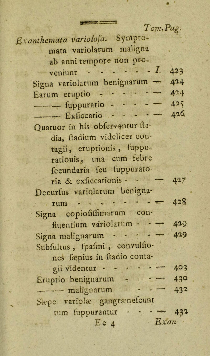 I Tom» Pag. l^xanthenicLta variotofa, Synipuo- mata variolarum maligna , ab anni tempore non pr-Or veniunt - 4^3 Signa variolarum benignarum 424 Earum eruptio 4-4 fuppuratio - - • - — 4-S —- Exllccatio . - - - - — 4'^^- Quatuor in his obfervantur ila- dia, ftadium videlicet con- tagii, eruptionis, fuppu- ratiouis,, una cum febre fecundaria ieu fuppurato- ria &amp; exficcationis - - - — 417 Decurfus variQlarum benigna- rum ^ 4-B Signa coplorillimarum con- fluentium va'riolarum - - — 4^9 Signa malignarum 419 Subfultus , fparmi , convulflo- nes faepius in fladio conta- gii videntur ----- — 403 Eruptio benignarum - — 43*^ malignarum - - - — 43^ Svfpe variolae gangramefcunt tum fiippurantur - 43'^