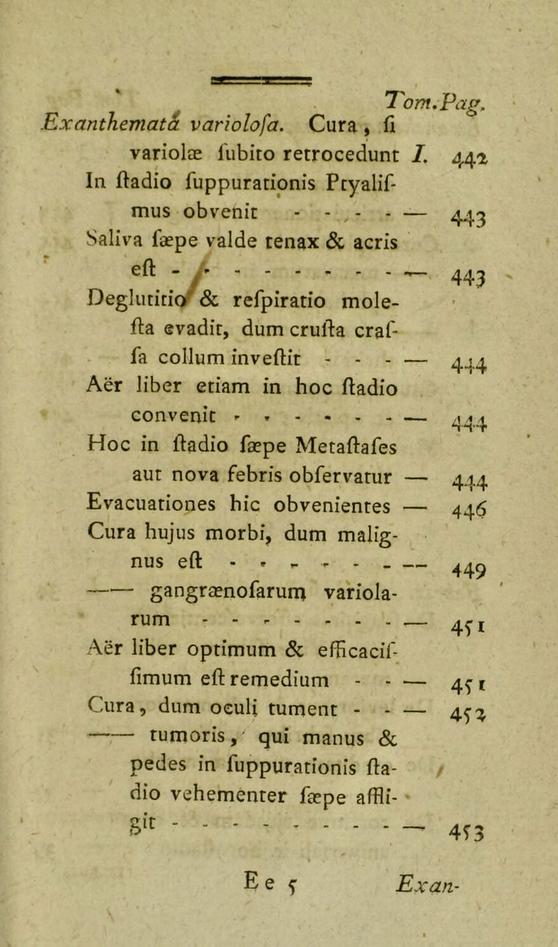 Exanthemata vanolofa. Cura » fi varioleE fubito retrocedunt I. 44^ In ftadio fuppurationis Ptyalif- mus obvenit - - , - - — 445 Saliva faepe valde tenax &amp; acris eft - Deglutitity &amp; refpiratio mole- fta evadit, dum crufia craf- fa collum inveftit - . . — Aer liber etiam in hoc ftadio convenit - — Hoc in ftadio faepe Metaftafes aut nova febris obfervatur — Evacuationes hic obvenientes — Cura hujus morbi, dum malig- nus eft - , ^ ^ gangraenofaruna variola- rum - - r - . . . — Aer liber optimum &amp; efficacil' fimum eft remedium - - — Cura, dum oculi tument - - — tumoris, qui manus &amp; pedes in fuppurationis fta- dio vehementer faepe aftli-' m - - 443 t 444 44.4 444 44'$ 449 4H 4n 4T3