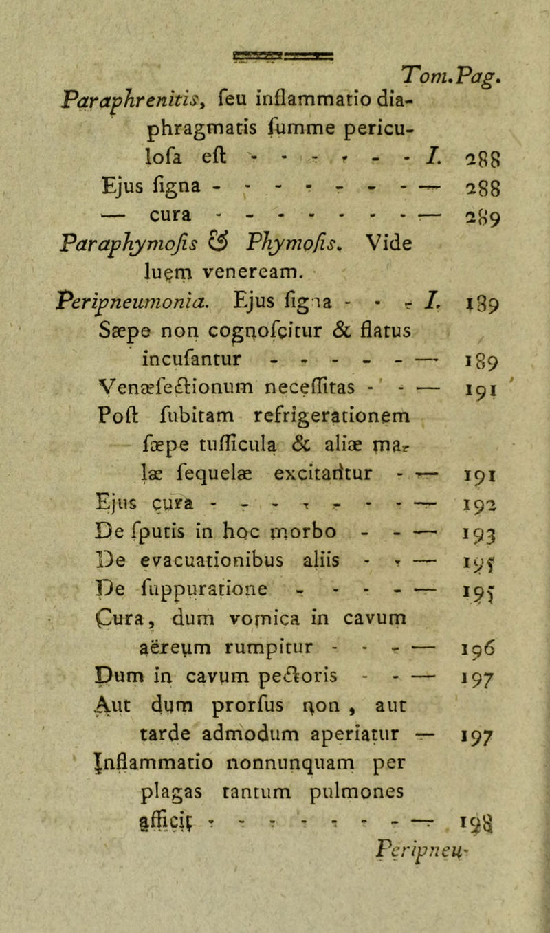 ParaghrenitiSy feu inflammatio dia- phragmatis fumme pericu- lofa eft - - - f - - 7. a88 Ejus figna 288 — cura — 289 Paraphymojis Phymo/is. Vide lu^rn Veneream. PeripneumonicL. Ejus figia - - - Z 189 Saepe non cogaofcitiir &amp; flatus incufantur ----- — ig^ Venaefeftionum neceflitas - - — 191 Pofl: fubitam refrigerationem faepe tuflicula Sc aliae mar lae fequelae excitaiitur - — 191 Ejus cura - - - t - - - — 192 De fputis in hoc morbo - - — 193 De evacuationibus aliis - ^ — 195' De fuppuratione - * - - -— 19^ Cura, dum vomica in cavum aereum rumpitur - . - — Dum in cavum peiforis - - — 197 Aut dum prorfus 130n , aut tarde admodum aperiatur — 197 Jnflammatio nonnunquam per plagas tantum pulmones affleif T - r - r - - ~ 19}^ PeripneU'