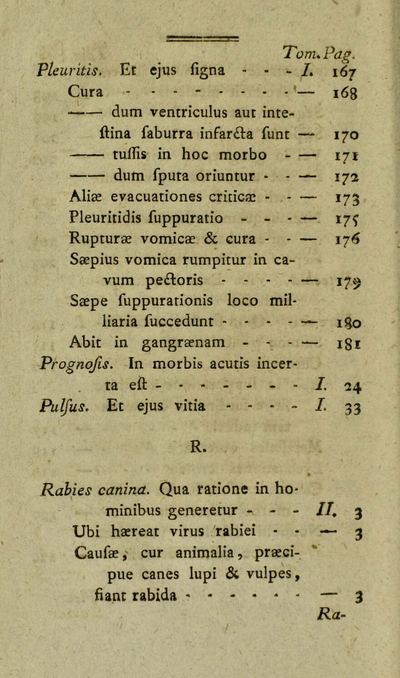 Pleuritis. Et ejus figna - - - 167 Cura ‘— 168 dum ventriculus aut inte- ftina faburra infarcta funt — 170 tulTis in hoc morbo *- — 171 dum fputa oriuntur • - — 172 Alise evacuationes critica: 173 Pleuritidis fuppuratio _ - . — 17^ Rupturae vomicae &amp; cura - - — 176 Saepius vomica rumpitur in ca- vum pe£loris - - - - — 17^ Saepe fuppurationis loco mil- iiaria fuccedunt • - - —^ igo Abit in gangraenam - - - — igi Prognojis. In morbis acutis incer- ta eft /.24 Pulfus. Et ejus vitia 33 R. Rahies canina. Qua ratione in ho- minibus generetur - - - //, 3 Ubi haereat virus rabiei * - — 3 Caufae, cur animalia, praeci- pue canes lupi &amp; vulpes, fiant rabida — 3 Ra-