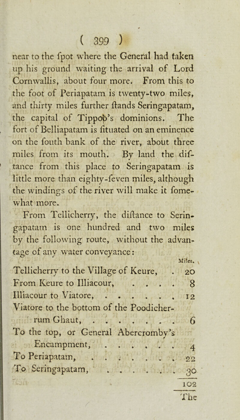 near to the fpot where the Genefal had taken lip his ground waiting the arrival of Lord Cornwallis, about four more. From this to the foot of Periapatam is twenty-two miles, and thirty miles further ftands Seringapatam, the capital of Tippob’s dominions. The fort of Belliapatam is fituated on an eminence on the fouth bank of the river, about three miles from its mouth. By land the dif- tance from this place to Seringapatam is little more than eighty-feven miles, although the windings of the river will make it fome- what more. From Tellicherry, the diftance to Serin- gapatam is one hundred and two miles by the following route, without the advan- tage of any water conveyance: Miles, y Tellicherry to the Village of Keure, . 20 From Keure to Illiacour, .... 8 IHiacour tq Viatore, Viatore to the bottom of the Poodicher- rum Ghaut, 6 To the top, or General Abercromby’s Encampment, ^ To Periapatain, 22 To Seringapatam, 30 102 The