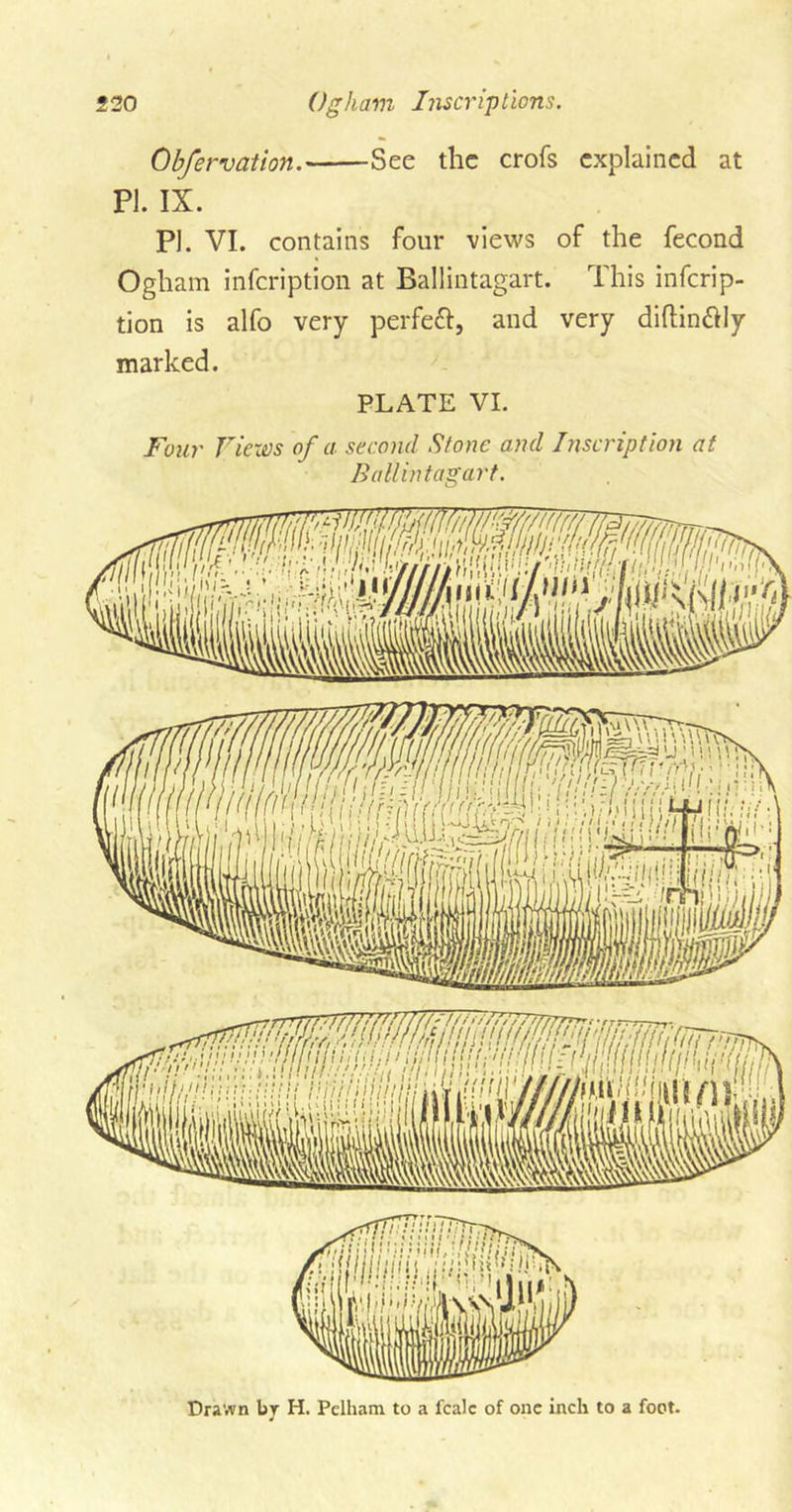 Ohfervation. See the crofs explained at PI. IX. PI. VI. contains four views of the fecond Ogham infcription at Ballintagart. This infcrip- tion is alfo very perfett, and very diftinflly marked. PLATE VI. Four Views of a second Stone and Inscription at Ballintagart.