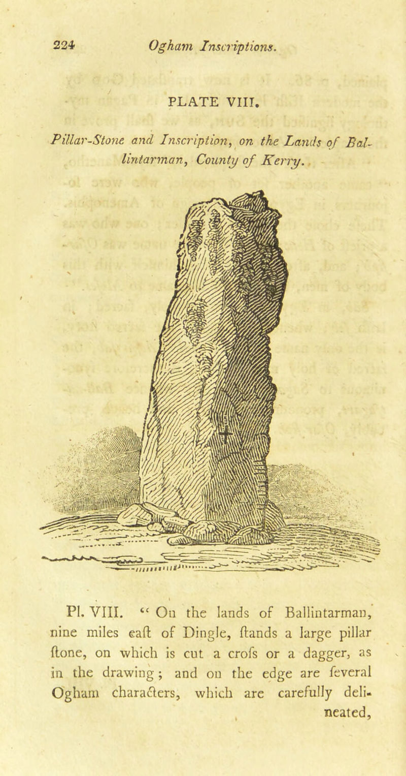 PLATE VIII. Pillar-Stone and Inscription, on the Lajuls of Bal- lintarman, County of Kerry. , i PI. VIII. &lt;c On the lands of Ballintarman, nine miles eaft of Dingle, hands a large pillar flone, on which is cut a crofs or a dagger, as in the drawing; and on the edge are feveral Ogham characters, which are carefully deli- neated.