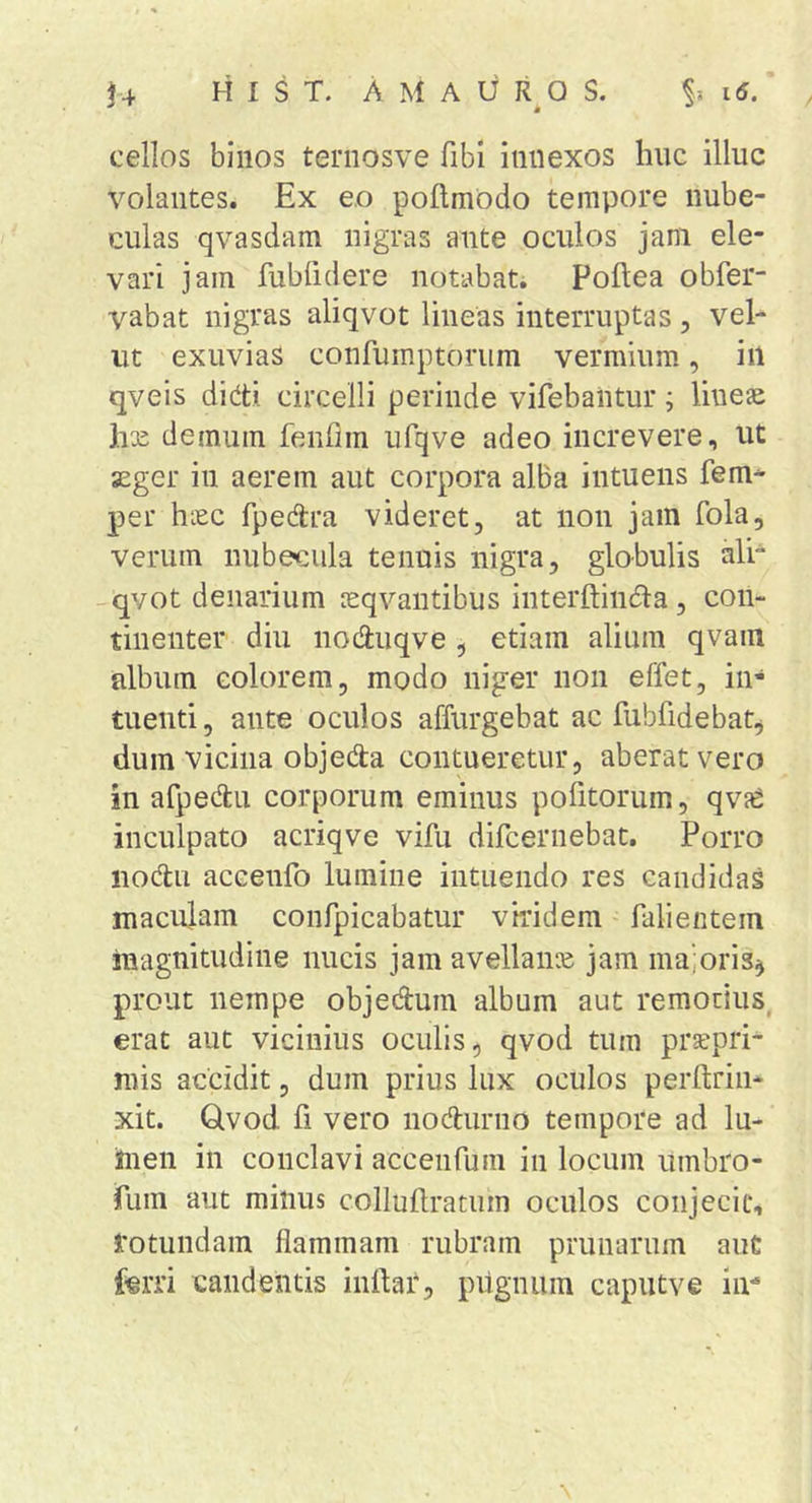 cellos binos ternosve fibi innexos hiic illuc volantes. Ex eo poftmbdo tempore nube- culas qvasdam nigras ante oculos jani ele- vari jam fublidere notabat; Poftea obfer- vabat nigras aliqvot lineas interruptas, vel- ut exuvias confurnptorum vermium, iil qveis didti circelli perinde vifebalitur; lineae hx demum fenfim ufqve adeo increvere, ut aeger in aerem aut corpora alBa intuens fem* per hxc fpedra videret, at non jam fola, verum nubecula tenuis nigra, globulis aVr -qvot denarium xqvantibus interftinda, con- tinenter diu noduqve, etiam alium qvam album colorem, modo niger non effet, in- tuenti, ante oculos affurgebat ac fubfidebat^ dum vicina objeda contueretur, aberat vero in afpedtu corporum eminus pofitorum, qvfC inculpato acriqve vifu difceriiebat. Porro iiodii accenfo lumine intuendo res candidas macujam confpicabatur viridem falientein magnitudine nucis jam avellanx jam maioris^ prout nempe objedum album aut remotius, erat aut vicinius oculis, qvod tum prxpri^ mis accidit, dum prius lux oculos perftrin* xit. Qvod fi vero noAurno tempore ad lu- men in conclavi acceiifum in locum umbro- fuin aut minus colluftratum oculos conjecit, rotundam flammam rubram prunarum auC ferri candentis inflar, pugnum caputve iir