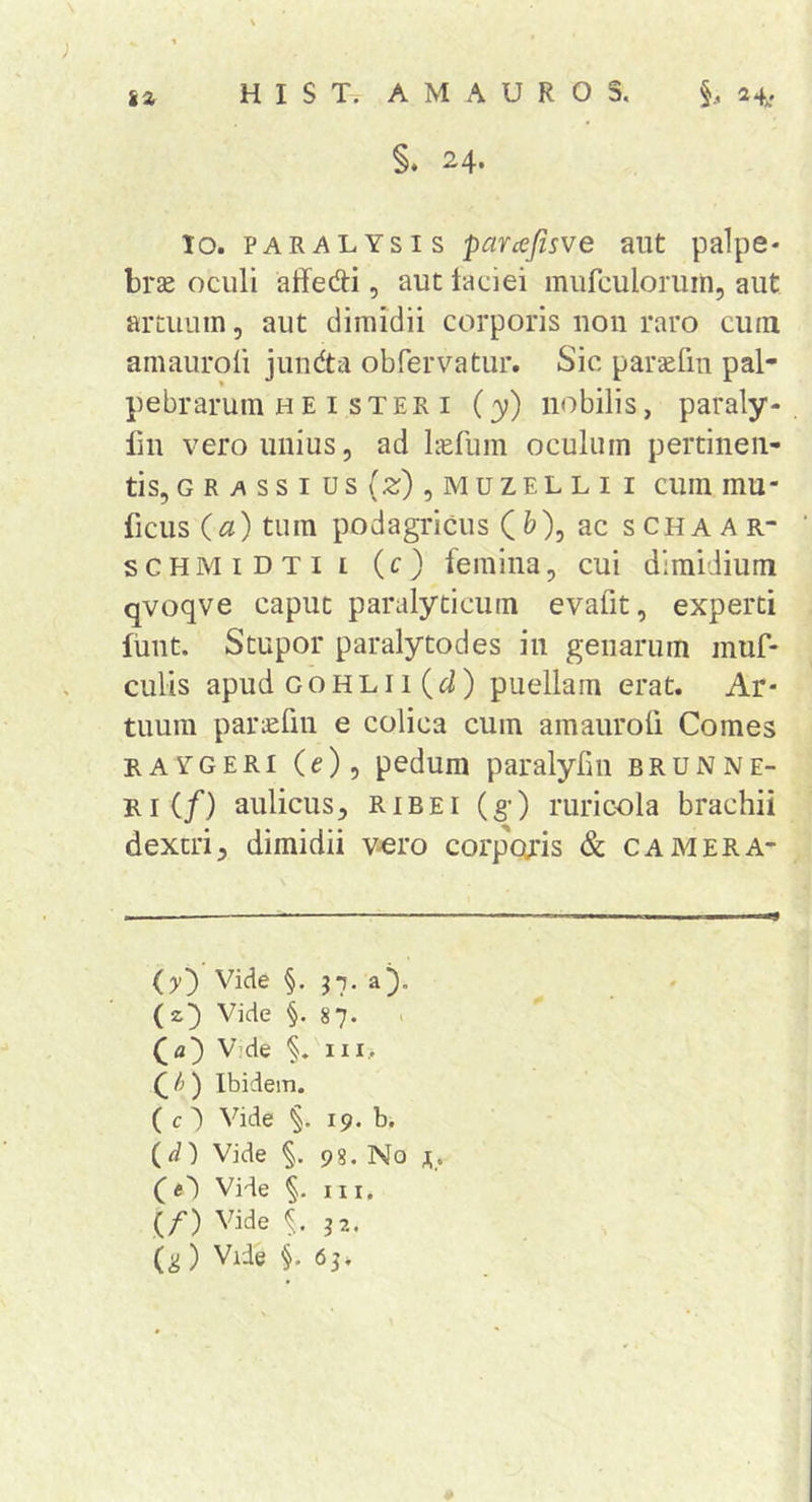 §. 24. IO. PARALYSIS parcefisve aut palpe- bra oculi atfedi, aut iaciei mufculoruin, aut arLiiuin, aut dimidii corporis 11011 raro cum amauroli juiida obfervatur. Sic par^fiii pal- pebrarum HEisTERi (y) nobilis, paraly- liii vero unius, ad Icefum oculum pertinen- tis, GR&gt;\ssi us(2:),MUZELLi I cuin mu- ficus (a) tum podagricus (&amp;), ac schaar- sCHMiDTii (c) femina, cui dimidium qvoqve caput paralyticum evafit, experti finit. Stupor paralytodes in genarum muf* culis apud GOHLi I puellam erat. Ar- tuum paraefin e colica cum amauroli Comes RAYGERi (e), pedum paralybii bruNne- ri (/) aulicus, RiBEi (g) ruricola brachii dextri, dimidii v-ero corporis &amp; camera- (y') Vide §. 37, a}. ( z) Vide §.87. &lt; (fl} V de §. III,. Qh) Ibidem. ( c ) Vide §. 19. b. (^) Vide §. 98. No fi') Vide §. III, (/) Vide 32. U) Vide i 63.