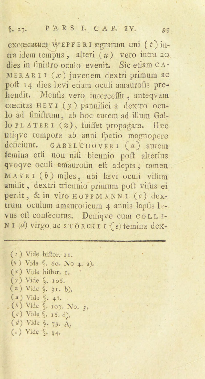 9^ excosGaUini wepferi aegrarum uni (t) in- ti-a idem tempus ^ alteri («) vero intra 20, dies in iinidro oculo evenit. Sic etiam ca- merarii (x) juvenem dextri primum ac poli 14 dies liEvi etiam oculi amaiirofis pre- hendit. Menfis vero interceffit, anteqvam caecitas heyi {y') pannihci a dextro ocu- lo ad liniftrum, ab hoc autem ad illum Gal- lo plateri (2;), fuiliet propagata. H^cc utiqve tempora ab anni fpatio magnopere deliciunt. gabel/choveri (^a') autem iemina etli non nili biennio poli: alterius qvoqve oculi amaurolin elt adepta; tamen MAYRi (&amp;) mjles, ubi Ise vi oculi vifum amiiit, dextri triennio primum polt vifus ei per.it, &amp; in viro hoffm a N N i (c) dex- trum oculum amaurodcum 4 annis laplis lr&gt; vus eft confecutus. Deniqve cum colli- na i [d) virgo ac STORCX i i -(e) femina dex- ( t ) Vide hi/lor. i r. ) Vide 60. No 4. a), (&gt;.') Vide hiftor. i. (&gt;■) Vide §. 106. ( z) Vide §, 31. b). Vide 4'5. ^ Vide 107. rsio. 3, (c) Vide 16. d). ( d) Vide §. 79. (f) Vide ^4.