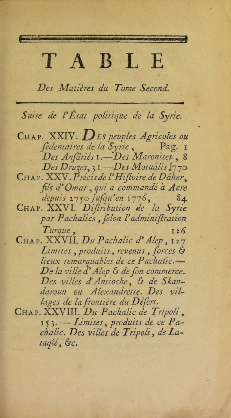 TABLE Des Matières du Tome Second, Suite de VÉtat politique de la Syrie. Ch A P. XXIV. D ES peuples Agricoles ou fédentaires de la Syrie , Pag. i Des Anfâriés i.—Des Maronites , 8 Des DruT^es.^ 3 i —Des Motuâlis l'j’jo Ch AP. XXV. Précis de VHiftoire de Dâher^ fils d*Omar ^ qui a commandé a Acre depuis 2750 jufqu^en 84 Chap. XXVI. Diflnbution de la Syrie par Pachalics 3 félon 1*adminifiratiort Turque y 116 Chap. XXVII. Du Pachalic d*Alep y 127 Limites , produits y revenus y forces ù lieux remarquables de ce Pachalic.— De la ville d^ Alep ù de fin commerce^ Des villes d!Antioche ^ Ù de Skan- daroun ou Alexandrette. Des vil- lages de la frontière du Défirt. Chap. XXVIII. Du Pachalic de Tripoli y 153. — Limites y produits de ce Pa- chalic. Des villes de Tripoli y de La- taqîéy ùc.