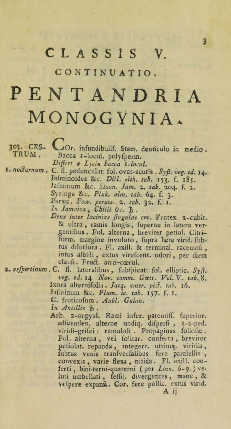 CLASSIS V. CONTINUATIO. PENTANDRIA monogynia/ CES- C^Or. infundibulif. Stam. denticulo in medio. TRUM , Bacca i-Iocul. polyfperm. Differt a L) cin bacca 1-locul, I. noSurnum . C. fl. pedunculdt: fol. ovat-acutis . Syft. veg. ed. 14. Jafminoides &amp;c, DHL elth. tab. 153. f. 185. Jarminum &amp;c. Sioan. Jam, %. tab. a.04. f. a. Syringa &amp;c. Pluk. alm. tab. 64. f. 3. Parxu. Few. peruw. 1. tab. 32. f. 1. In Jamaica, Chilli 6’c. . Dens inter lacinias Jingulas cor. Frutex 2,-cubit. &amp; ultra , ramis longis, fuperne in latera ver- gentibus . Fol. alterna , breviter petiol. Citri- form. margine involuto, fupra laete virid. fub- tus dilutiora . Fl. axill. &amp; terminal. racemofi, intus albidi, extus virefcent. odori, per diem claufi. Frudi, atro-coerul. X.vefpertinum.C. fl. lateralibus, fubfpicat: fol. elliptic, Syfi. veg. ed. 14 Nov. comm. Gaett. Vol. V. tab. 2, Ixora alternifolid . Jacq, amer. piS. tab. 16. Jafminum &amp;c. Pium. ic. tab. 157. f. I. C. fruticofum . Aubl.. Guian. In Antillis . Arb. a-orgyal. Rami infer. patentilT. fuperior. adfcenden. alterne undiq. difperfi , i-i-ped. viridi-grifei: rarnulofi . Propagines foliofae. Fol. alterna, vel folitar. conferta, breviter petiolat. repanda, integerr. utrimq. viridia, fubtus venis tranfverfalibus fere paralellis , convexis , varie flexa , nitida. Fl. axill. con- ferti , bini-terni-quaterni ( per Linn. 6-9. ) ve- luti umbellati, feffil. divergentes, mane , &amp; vefpere expanft. Cor, fere pollic. extus virid.