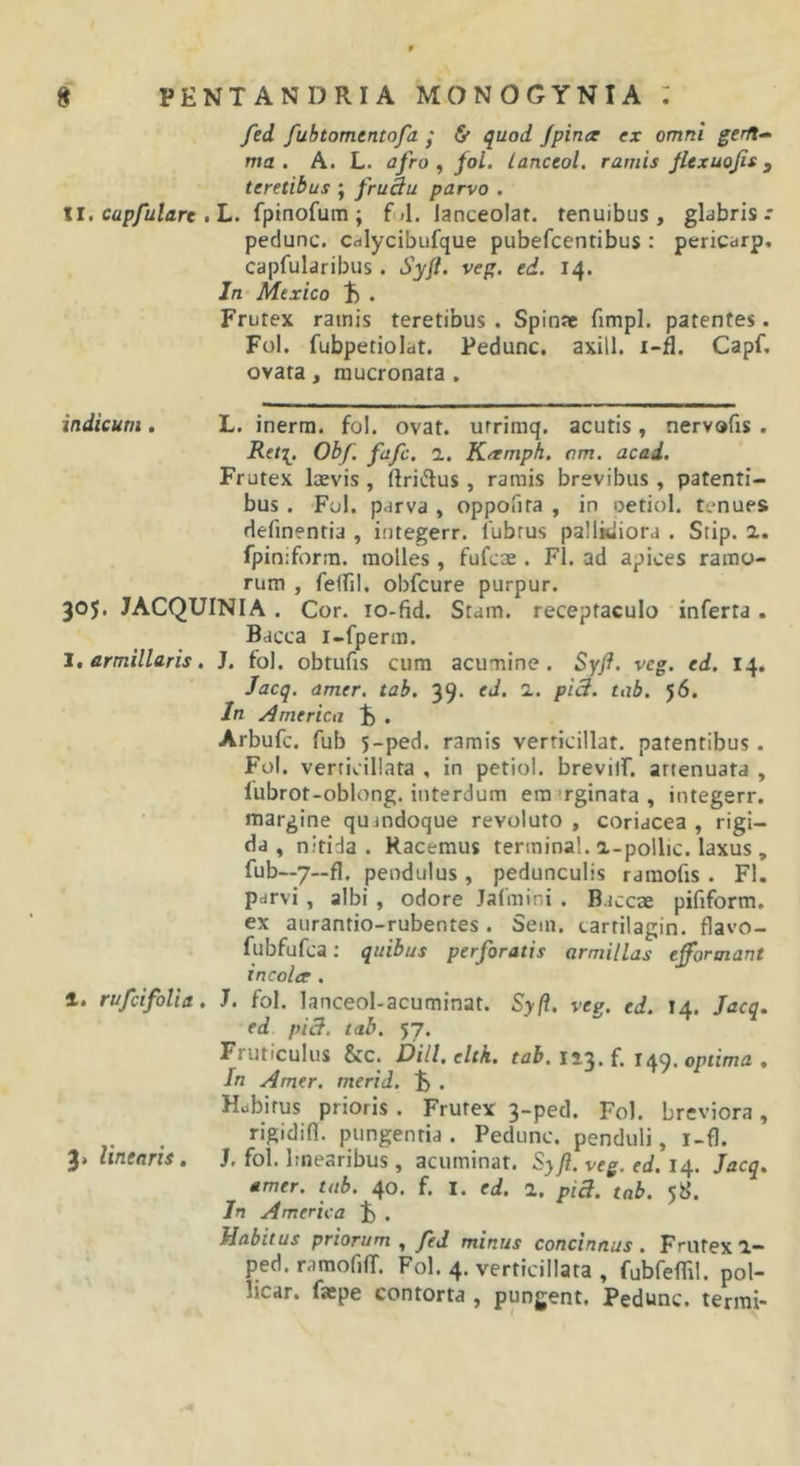 /ed fubtomtntofa / &amp; quod Jpince ex omni gerit- ma . A. L. afro , foL lanceol. ramis flexuojis, teretibus ; fruBu parvo . II, capjulare ,L. fpinofum; fjl. lanceolaf. tenuibus, glabris.* pedunc. Cdlycibufque pubefcentibus : pericarp. capfularibus. Syjt, veg. ed. 14. In Mexico 1) . Frutex ramis teretibus . Spinae fimpl. patentes. Fol. fubpetiolat. Pedunc. axill. i-fl. Capf. ovata, mucronata . indicunt. L. inerra, fol. ovat, urrimq. acutis, nervofis . Reti, 2.. Knmph. am. acai. Frutex laevis , ftriftus, ramis brevibus , patenti- bus . Fol. parva , oppofita , in oetiol. tenues definentia , integerr. fubrus pallidiora . Stip. 2. fpiniforni. molles , fufeoe . FI. ad apices ramo- rum , feffil. obfcure purpur. 305* JACQUINIA . Cor. lo-fid. Stam. receptaculo inferta. Bacca i-fperm. 1, armilUris. J. fol. obtufis cum acumine. Syfl. veg. ed. 14. Jacq. amer. tab. 39. ed. 1. pid. tab. 56. In America E . Arbufe. fub 5-ped. ramis verricillat. patentibus. Fol. verticillata , in petiol. brevilf. attenuata , lubrot-oblong. interdum era trginata , integerr. margine quindoque revoluto , coriacea , rigi- da , nitida . Racemus tenninal. a-pollic. laxus, fub—7—fl. pendulus , pedunculis ramofis . FI. parvi, albi , odore Jafmini . Baccae pifiform. ex aurantio-rubentes . Sem. cartilagin. flavo- fubfufca: quibus perforatis armillas efformant incolce . 1» rufeifolia. J. fol. lanceol-acuminat. Syfl, veg. ed. 14. Jacq. ed pi3, tab. 57. Fruticulus &amp;c. Dill, eltk, tab. 113. f. 149. optima . In Amer, rnerid. jb . Habitus prioris . Frutex 3-ped. Fol. breviora, ^■'Sidifl. pungentia. Pedunc. penduli, i-fl. 3&gt; lineans. J, fol. linearibus, acuminat. Syfl. veg. ed. 14. Jacq. amer. tab. 40. f. I. ed. 1. pia. tab. 58. In America J) . Habitus priorum , feJ minus concinnus . Frutex 2— ped. ramofiff. Fol. 4. verticillata , fubfeffil. pol- licar. faepe contorta, pungent. Pedunc. termi-