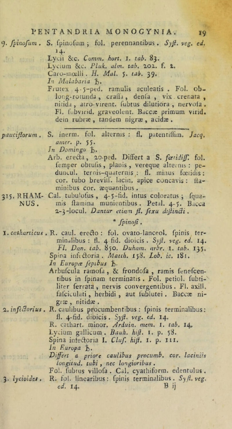 9. fyinofum . S. fpinofiim 5 fol. perennantibus. Syfi. veg, ed. Lycii &amp;c. Comm. hurt. 1. tab, 83. Lycium &amp;c. Pluk. alm, tab. zoz. f. 1, Caro-inoclli . H. MaL. J. tab. 39. J’2 Malabaria J), Fiutex 4-5-pcd. ramulis aculeatis . Fol. ob- long-rotunda , craiia , denia , vix , crenata , nitida, atro-virent. fubtus dilutiora, nervola . FI. lubvirid. graveolent. Baccae primum virid# dcin rubrae , tandem nigrae , acidae , puuciflorum. S. inerm. fol. alternis ; fl, patentiliim, Jacq, amer. p. 55, In Domingo ;!). Arb. erecta, ao-ped. Differt a S. fcetUiJJ] fol. femper obtufis , planis , vereque alte; nis: pe- duncul. ternis-quaternis : fl. minus foetidis: cor. tubo breviif. lacin. apice concavis : Ita- minibus cor. aequantibus. 315. HHAM- Cal. tubulofus , 4-5-tid. intus coloratus; fqua- NUS. mis flamina munientibus. Petal. 4-5. Bacca 2-3-locul. Dantur etiam fl. fexu diJlinSi. * . 1. catharticus. K. caul. erodo: fol. ovato-lanceol. fpinis ter- minalibus : fl. 4 fid. dioicis . Syjl, veg. ed. 14. Fl. Dan. tab. 850. Duhnrn, nrbr, I. tab. 135. Spina inftdoria . Matth. 158. Lob. ic. 181. In Europa fepibus i- Arbufcula ramofa , &amp; frondofa , ramis fcnefcen- tibus in fpinam terminatis . Fol. petiol. fubti- lirer ferrata, nervis convergentibus. Fl. axili. fafciculati, herbidi , aut fublutei. Baccae ni- grae , nitidae . l.infeBorius. R. caulibus procumbentibus: fpinis terminalibus; fl. 4-fid. dioicis . Syft. veg. ed. 14. R. cavhart. minor. Arduin. mem. i. tab, 14, Lycium gallicum . Bauh. hifl. 1. p. 58. Spina infedoria I. Cluf. hili, l. p. in. In Europa J). Differt a priore caulibus procumb. cor. laciniis Longitud. tubi, nec longioribus . Fol. fubtus villofa . Cal. cyathiform. edentulus. R. fol. linearibus: fpinis terminalibus. Syli.veg. ed. 14. B ij 3. lycioides,