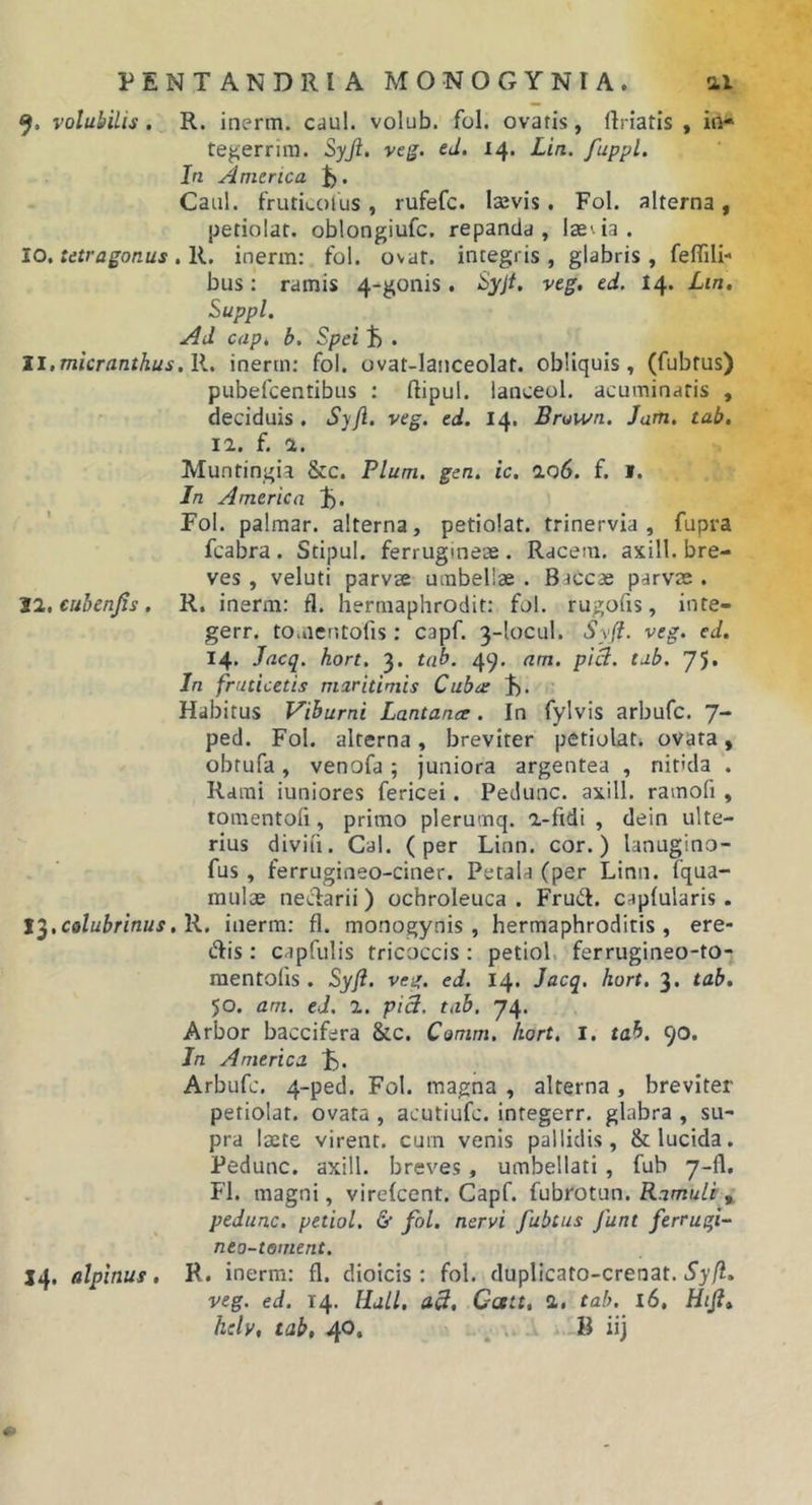 volubilis , R. inerm. cdul. volub. fol. ovatis, ftriatis , io« te^errira. Siyji, veg. ed. 14. Lin. fuppL In America J). Caiil. fruticoius, rufefc. lazvis, Fol. alterna, petiolar. oblongiufc. repanda, laevia. 10, tetr a gonus Ai. inerm: fol. ovat, integris, glabris, feflili- bus; ramis 4-gonis. Syjf. veg, ed. 14. Lin, Suppi. Ad cap, b. Spei Jb • 11, micranthus.R. inerm: fol. ovat-lanceolat. obliquis, (fubtus) pubefcentibus : ftipul. lanceol. acuminaris , deciduis. Syjl. veg. ed. 14. Bruwn. Jam. tab. II. f. 1. Muntingia &amp;c. Pium, gen. ic, 106. f. i. In America 1). Fol. palmar. alterna, petiolat. trinervia , fupra fcabra . Stipul. ferrugineae . Racem. axill. bre- ves , veluti parvae umbellae . Baccae parvae . 12, eubenjis, R. inerm: fl. hermaphrodit: fol. rugofts, inte- gerr. toaientofis: capf. 3-locul. Sy(i. veg. ed. 14, Jacq. hort, 3. tab. 49. am. piid. tab. 75» In fruticetis maritimis Cuba J)- Habitus Viburni Lantance. In fylvis arbufc. 7- ped. Fol. alterna, breviter petiolati ovata, obtufa, venofa; juniora argentea , nitida . Rami iuniores fericei. Pedunc. axill. ravnofi , toraentoli, primo plerumq. a-fidi , dein ulte- rius diviii. Cal. (per Linn. cor.) lanugino- fus, ferrugineo-ciner. Petala (per Linn. fqua- mulae neciarii) ochroleuca . Frud. caplularis . colubrinus.li. inerm: fl. monogynis, hermaphroditis, ere- ctis : capfulis tricoccis : petiol. ferrugineo-to- raentofis . Syji. veg. ed. 14. Jacq. hort. 3. tab. 50. am. ed, 1. pid. tab, 74. Arbor baccifera &amp;c. Comm. hort, i. tab. 90. In America J). Arbufc. 4-ped. Fol. magna , alterna , breviter petiolat. ovata , acutiufc. integerr. glabra , su- pra laete virent, cum venis pallidis, &amp; lucida. Pedunc. axill. breves, umbellati , fub 7-fl, Fl. magni, virefcent. Capf. fubrotun. Ramuli i pedunc. petiol. &amp; fol. nervi fubtus Junt ferrugi- neo-toment. 14, alphus, R. inerm: fl. dioicis : fol. duplicato-crenat. Sy(l. veg. ed. 14. Hali, a3, Ccett, 2. tab, 16, Hift helv, tab, 40. .. B ii]