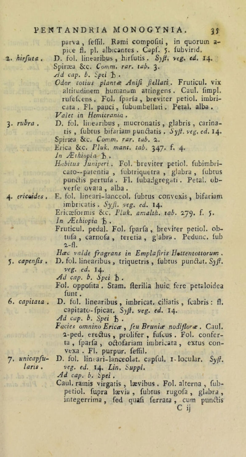 1. hirfuta , 3. ruhra , 4« ericaides, 5. capenjis , 6. capitata . 7. unicapfu- laris . parva , feflTil. Rami compofiti, in quorum a- pite fl. pl. albicantes . CapC. 5. iubvirid. D. fol. linearibus, hirfutis. S)jt, yeg. ed, 14, Spiraea &amp;c. Corum, rar. tab, 3. ^d cap. b. Spei J) . Odor totius planta Aniji Jidlati_. Fruiicul. vix altirudinem humanam attingens. Caul. fimpl. rufelcens. Fol. fparla , breviter petiol. imbri- cata . Fl. pauci, (ubumbellati. Petal. alba . Valet in Hemicrania . D. fol. linearibus , mucronatis , glabris, carina- tis , fubtus bifariam pundatis . Syjt. veg. ed, 14. Spiraea &amp;c. Comm, rar. tub. 1. Erica &amp;C. Fluk, mant. tab. 347. f. 4. In JEthiopio- , Habitus Juniperi, Fol. breviter petiol. fubimbri- cato—patentia , lubtriquetra , glabra , fubtus pundis pertufa . Fl. lubadgregati. Petal. ob- verfe ovata , alba . E. fol. lineari-lanceol. fubtus convexis, bifariam imbricatis . Syji. veg. ed. 14. Ericteformis 6tc, Fluk, anialth. tab. 2.79. f. 5* Jn Mthiopia I5 . Fruticul. pedal. Fol. fparfa, breviter petiol. ob- tufa , carnofa , teretia , glabra . Pedunc. iub a-fl. Hac valde fragrans in Emplajiris Hvttentottorum , D. fol. linearibus, triquetris, fubtus pundat. Syfi. veg. ed. 14. Ad cap, b. Spei . Fol. oppofita , Stam. fterilia huic, fere petaloidea funt. D. fol. linearibus, imbricat, ciliatis , fcabris: fl. capitato-fpicat. SyJi. veg. ed. 14. Ad cap. b. Spei . Facies omnino Erica , feu Brunia nodiflura . Caul. a-ped. eredus, prolifer , fufcus . Fol. confer- ta , fparfa , odofariara imbricata , extus con- vexa . Fl. purpur. feflil. D. fol. lintari-lanceoldt. capful. l-locular. Syfl, veg. ed. 14. Lin, Suppi. Ad cap, b. tpei . Caul. ramis virgatis , laevibus . Fol. alterna , fub- petiol. fupra laevia , fubtus rugafa , glabra, integerrima, fed quafi ferrata, cum pundis C ij