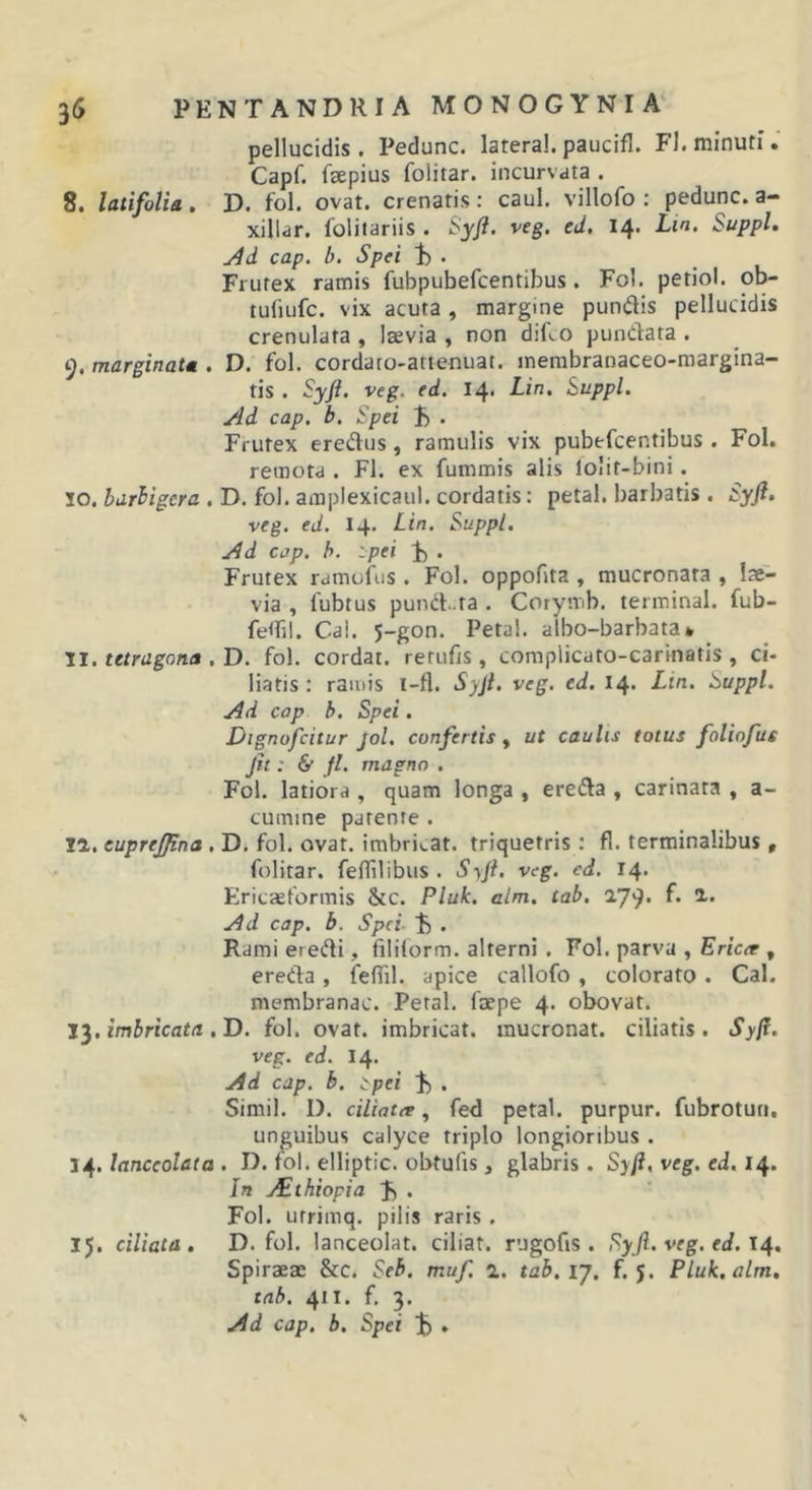 3(&gt; PENTANDRIA MONOGYNIA' pellucidis. Pedunc. latera!, paucifl. Fl. minuti. Capf. faepius folitar. incurvata . 8. latifolia . D. fol. ovat, crenatis : caul. villofo ; pedunc. a- xillar. (bliiariis . Syft. veg, ed, 14. Lia. Suppi, j4d cap. b. Spei 1) . Frutex ramis fubpubefcentibus. Fol. petiol. ob- tufuifc. vix acuta, margine pundis pellucidis crenulata , laevia, non dif^o pundata . 9. marginata . D. fol. cordato-attenuat. merabranaceo-margina- tis . Syft. veg. ed. 14. Lin. Suppi. Ad cap. b. Spei . Frutex eredus, ramulis vix pubefcentibus . Fol. remota . Fl. ex fummis alis lolit-bini. 30. barbigera . D. fol. amplexicaul. cordatis: petal. barbatis . Syft, veg. ed. 14. Lin. Suppi, Ad cap. h. ipei ^ . Frutex ramulus . Fol. oppofita , mucronata , lae- via , fubtus pund..ta . Corymb. terminal. fub- fe^fil. Cal. 5-gon. Petal. albo-barbata* 31. tetragona , D. fol. cordat. retufis , complicato-carinatis , ci* liatis : ramis l-fl. Syji. veg. ed. 14. Lin. Suppi. Ad cap b. Spei. Dignofcitur Jol. confertis , ut caulis totus foliofus jit: &amp; Jl. magno . Fol. latiora , quam longa , ereda , carinata , a- cumine patente . 11. euprejfna . D. fol. ovat, imbricat, triquetris : fl. terminalibus, folitar. feflilibus . Syji. veg. ed. 14. Eritaeformis &amp;c. Pluk. alm. tab. 179. f. 1. Ad cap. b. Spei . Rami eredi, fililorm. alterni . Fol. parva , Ericer , ereda , feflil. apice callofo , colorato . Cal, membranae. Petal. faepe 4. obovat. imbricata .D. fol. ovat, imbricat, mucronat. ciliatis. Syfl. veg. ed. 14. Ad cap. b. ::pei . Simii. D. ciliata, fed petal. purpur. fubrotun, unguibus calyce triplo longioribus . 'i/^.lanccolata . D. fol. elliptic. obtufis , glabris. Syji, veg. ed. In Mthiopia J) . Fol. utrimq. pilis raris . 15. ciliata, D. fol. lanceolat. ciliat. rugofis . Syji. veg. ed. 14. Spiraeae &amp;c. Seb. muf. 1. tab.rj, f. 5. Pluk. alm, tab. 411. f, 3. Ad cap. b. Spei ib • \