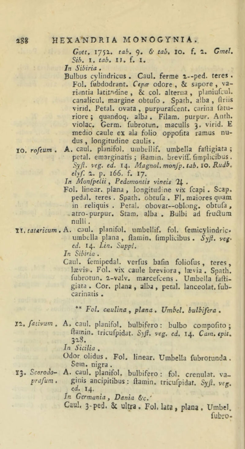 Gcjtt, 1751. tab, 9. 6* tab, lo. f, 1. Gmel, Sib. I. tab, II. f.'l. In Sibiria . Bulbus cylindricus , Caul. ferrae i--ped. teres . Fol. fubdodrant. Ctpce odore , &amp; sapore , va- riantia latii^idine , &amp; coi. alterna , planiufcul. canalicul. margine obtufo , Spath. alba , flriis vind. Petal. ovata , purpurafcent. carina latu- riore; quandoq. alba. Filam. purpur. Anth. violae. Germ. fubrotun. maculis 3. virid. E medio caule ex ala folio oppofita ramus nu- dus , longitudine caulis, 10. rofeum , A. caul. planifol. umbellif. umbella fadigiata ; petal. emarginatis; rtamin. breviff. fimplicibus . Syjl. veg. ed. 14. Magnol. monjp. tab. lO. Rudb, elyf. p. l66. f. 17. In Munfpelii, Pedemontis vineis '2(. . Fol. linear. plana , longitudine vix fcapi . Scap. pedal. teres. Spath. obtufa . Fl. maiores quam in reliquis . Petal. obovar—oblong. obtufa, , atro-purpur. Stam. alba . Bulbi ad frudum nulli. '11, tatAricum, K. caul. planifol, umbellif. fol. femicylindric. umbella plana , ftarain. fimplicibus. Syfi. vtg&gt; ed. 14* Lin. Suppi, Jn Sibiria . Caul. femipedal. verfus bafin foliofus, teres, laevis. Fol. vix caule breviora, laevia. Spath. fubrotun. a-valv. marcefeens . Umbella fafti- giata . Cor, plana , alba , petal. lanceolat. fub- carinatis . ** Fol. caulina , plana . Umbel, bulhifera . 11. fativum . A. caul. planifol. bulbifero : bulbo compofito; ftainin. tricufpidat. Syfl. veg. ed. 14. Cam.epit, 3^8. In Sicilia , Odor olidus. Fol, linear. Umbella fubrotunda, Sem. nigra . 13» SceroJo— A. caul. planifol, bulbifero : fol, crenulat. va— prafum, ginis ancipitibus : ftamin. tricufpidat. Syji. veg. ed. 14. In Germania f Dania 6’c.' Caul. 3-ped. Sc ultra. Fol. lata, plana. Umbel. fubro-