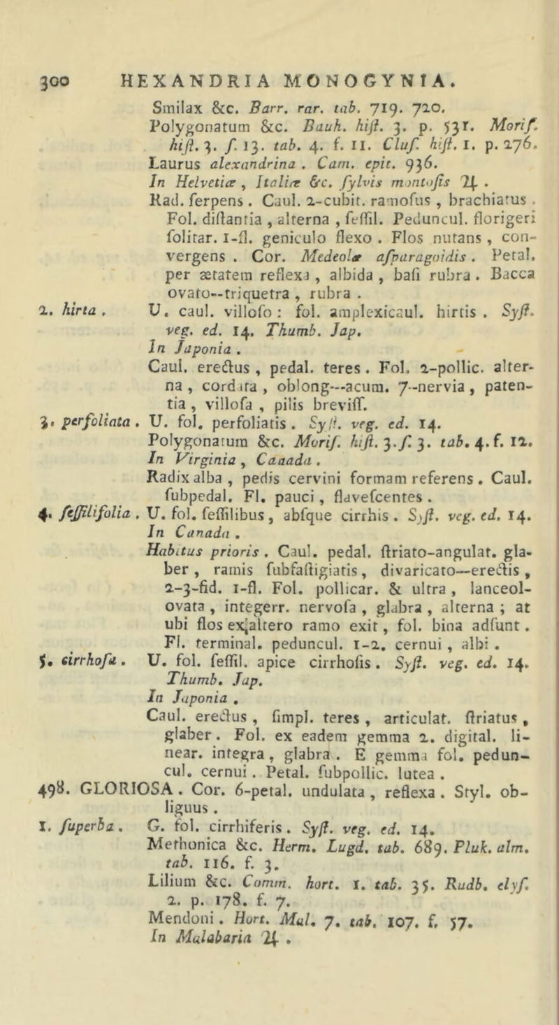 Smilax &amp;C. Barr. rar, tab. 719. JIO. Polygonatum &amp;c. Bauh. hiji. 3. p. 531. Mori/. hiji.T,. /.13. tab. 4. f. II. Cluf. hift.l. p. 176. Laurus alexandrina . Cam. epit. 936. In Helvetia , Italia &amp;c. fylvis montofis ISf . Kad. ferpens . Caul. a-cubit. ramofus , brachiatus . Fol. diftantia , alterna , feflil. Peduncul. florigeri folirar. i-fl. geniculo flexo . Flos nutans, con- vergens . Cor. Medeoltr a/paragoidis. Petal. per aetatem reflexa, albida , bafi rubra . Bacca ovato—triquetra , rubra . a. hirta. U. caul. villofo : fol. araplexicaul. hirtis. Syfl. veg. ed. 14. Thumb. Jap. In Japonia . Caul. eredus, pedal. teres. Fol. a-pollic. alter- na , cordjta , oblong—acum. 7 -nervia , paten- tia , villofa , pilis brevilT. 3. pcrfoliata . U. fol. perfoliatis . Syji. veg. ed. 14. Polygonatura &amp;c. Mvrif. tab./^.f.I^, In Virginia , Caaada . Radix alba, pedis cervini formam referens, Caul. fubpedal. FI. pauci, flavefcentes . 4. fejfilifolia . U. fol. feflilibus , abfque cirrhis . S)fi. veg. ed. 14. In Canadii . Habitus prioris. Caul. pedal. ftriato-angulat. gla- ber , ramis fubfaftigiatis, divaricato—ererfis , a-3-fid. i-fl. Fol. pollicar. &amp; ultra , lanceol- ovata , integerr. nervofa , glabra , alterna ; at ubi flos ex^altero ramo exit, fol. bina adfunt. FI. ferminal. peduncul. i-a. cernui , albi . 5. (irrhofa, U. fol. feflil. apice cirrhofis. Syfl. veg. ed. 14. Thumb, Jap. In Japonia . Caul. eredus , fimpl. teres , articulat, flriatus , glaber. Fol. ex eadem gemma i. digital. li- near. integra, glabra. E gemma fol. pedun- cul. cernui. Petal. fubpollic. lutea . 498. GLORIOSA. Cor. 6-petal. undulata, reflexa. Stvl, ob- liguus. I. /uperba, G. fol. cirrhiferis. Syfl. veg. ed. 14, Methonica &amp;c. Herm. Lugd. tab. 689. Pluk. alm. tab. 116. f. 3. Lilium &amp;:c. Cumm, hort. l. tab. 35. Rudb. elyf. p. 178. f. 7. Mendoni. Hort. Mul. 7. tab. loj. f. 57. In Mulabaria % .