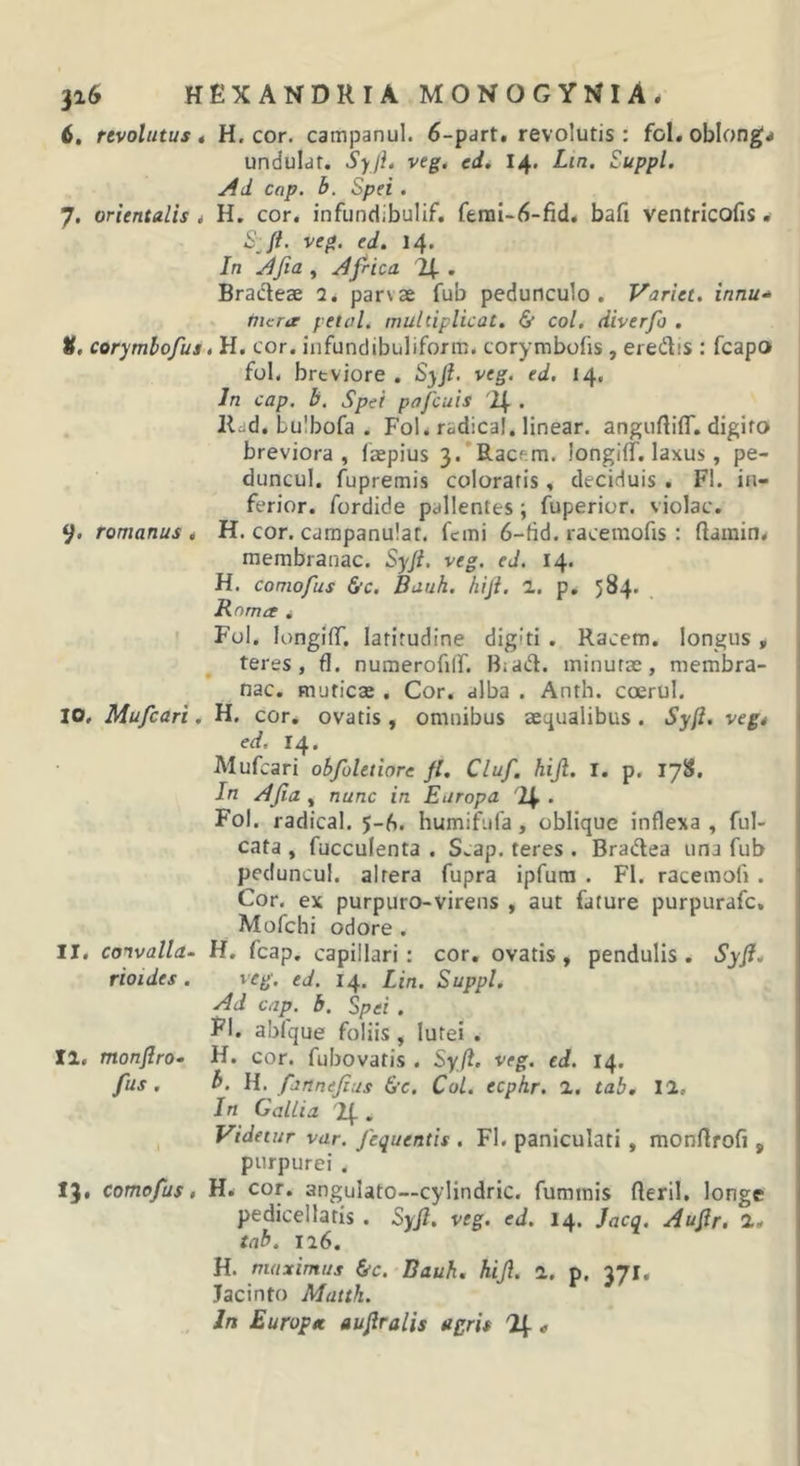 6. revolutus 4 H. cor. campanul. 6-pdrt. revolutis : fol. oblonga unduidf. SyjL veg. cd, I4. Lin. Suppi. Ad cap. b. Spei. 7, orientalis * H. cor. infundibulif. ferai-6-fid. bafi ventrlcofis. Sji. veg. ed. 14* In Afia , Africa 24 . Bracleae 1, par\ae fub pedunculo. Variet, innu* tnera yeted. multiplicat, &amp; coi, diverfo . %. corymbofus, H. cor. iufundibuliform. corymbofis , eredis : fcapo fol. breviore . Syft. veg. ed. 14. Jn cap. b. Spei pafcuis '24 . lliid. bulbofa . Fol. radical. linear. anguftiflT. digito breviora, faepius 3.*Racem. longilT. laxus, pe- duncul. fupremis coloratis , deciduis . FI. in- ferior. fordide pallentes ; fuperior. violae. 9, romanus . H. cor. campanular. femi 6-tid. racemofis : ftainin^ membranae. Syjt. veg. ed. 14. H. comofus &amp;c. Bduh. hiji. a. p, 584. Roma i Fol. longiflT. latitudine digiti . Racem. longus , teres, fl. numerofilT. Biad. minutae, membra- nae. muticae. Cor. alba . Anth. coerul. 10, Mufeari. H. cor, ovatis, omnibus aequalibus. Syfi, vegt ed. 14. Mufeari obfoletiore fl. Cluf. hiJi. I. p. 178. In Afia, nunc in Europa '24 • Fol. radical. 5-6. humifufa, oblique inflexa, ful- cata , fucculenta . S^ap. teres . Bradea una fub peduncul. altera fupra ipfura . Fl. racemofi . Cor. ex purpuro-virens , aut fature purpurafc, Mofchi odore . 11, convalla- H, fcap, capillari; cor, ovatis, pendulis. Syfi. rioides. veg. ed. 14. Lin. Suppi. Ad cap. b. Spei . Fl. abique foliis , lutei . II, monflro- H. cor. fiibovatis . Syft. veg. ed. 14. fus. b. H. fannefius &amp;c. Coi. ecpkr. 1. tab. 11. In Gallia '24 . Videtur var. fequentis , Fl. paniculati, monUrofi , purpurei . 13» comofus, H. cor. angulato—cylindric. fummis fleril. longe pedicellatis . Syft, veg, ed. 14. Jacq. Auftr, a. tab. 126. H. maximus &amp;c. Bauh. hift. 1. p, 371, Jacinto Mattk. , Jn Europet auftralis ugris 'Zf «