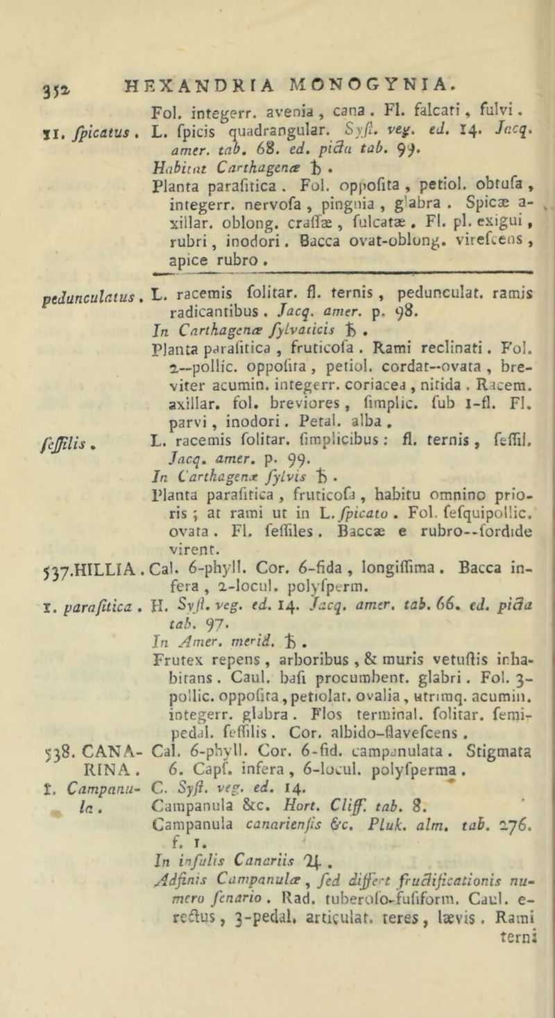 352- Fol. integerr. avenU , cana . FI. falcati, fulvi. jl./picatus, L. fpicis quadrangular. Syji. vcjf. ed. 14. Jacq. amer, tab, 68. edm pi3(i tab. Habitat Carthagena i) . Planta parafitica . Fol. oppofita , petiol. obtufa , integerr. nervofa , pinguia , glabra . Spicae a- xillar. oblong. craffae, fulcatae , FI. pl. exigui, rubri, inodori. Bacca ovat-oblung. virefceus, apice rubro . pedunculatus /cj/ilis, 537.HILLIA. I. parafitica . 538. CANA- RINA. I. Campanti- la . L. racemis folitar. fl. ternis, pedunculat. ramis radicantibus . Jacq. amer. p. 98. In CarthagencE /yLvaticis , Planta parafitica , fruticofa . Rami reclinati. Fol. a—pollic. oppofita, petiol. cordat—ovata , bre- viter acumin. integerr. coriacea , nitida . Racera. axillar. fol. breviores, fimplic. fub i-fl. FI, parvi, inodori. Petal. alba , L. racemis folitar. (implicibus; fl. ternis, feflil. Jacq. amer. p. 99- Jn Carthagenx fyivis b • Planta parafitica , fruticofa , habitu omnino prio- ris ; at rami ut in L./picato . Fol. fefquipollic. ovata . Fl. feifiles. Baccae e rubro--fordide virent. Cal. 6-phyll. Cor. 6-fida , longiffima. Bacca in- fera , a-locul. polyfperm. H. Svji. veg. ed. 14. Jacq, amer. tab. 66. ed. pida tab. 97. In Amer, merid. 1) . Frutex repens , arboribus , &amp; muris vetuftis inha- bitans . Caul. bafi procumbent, glabri. Fol. 3- pollic. oppofita, petiolar. ovalia, utnraq. acumin. integerr. glabra. Flos terminal. folitar. femi- pedal. feffilis. Cor. albido-flavefcens. Cal. 6-phyll. Cor. 6-fid. campanulata. Stigmata 6. Capf. infera , 6-locul. polyfperraa. C. Syfi. veg. ed. 14. Campanula &amp;c. Hort. Cliff'. tab. 8. Campanula canarienfis &amp;c. PLuk. alm. tab. 2.76. f. I. ^ In in/uUs Canariis . Adfinis Campanula ^ /ed dijfert fru3ificationis nu- mero /enario . Rad. tuberofo-fufiform. Caul. e- redlus, 3-pedaI, articulat, teres, laevis. Rami terni