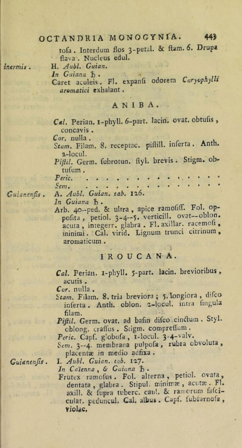 inermis . tofa. Interdum flos &amp; ftam. 6. Drupa ‘ flava . Nucleus edul. H. Aubl. Guian. In Guiana I) . ' ^ ^ l Caret aculeis. Fl. expanfi odorem CaryophylU aromatici exhalant, A N I B A . Cal. Perian. i-phyll. 6-part. lacin. ovat, obtufis 9 concavis . Cor. nulla. r * t. Stam. Filam. 8. receptae, piftill. inferta. Anth, a-locul. Fiflil. Germ. fubrotun. flyl. brevis. Stigra. ob- tufum. Peric GuianenJIs . A. Aubl. Guian, tab. I16. In Guiana B . _ r/r -i- 1 Arb. 40-ped. &amp; ultra , apice raraouu. Fol. op- pofita , petiol. 3-4—5. verticill. ovat—oblon. acuta , integerr. glabra . Fl. axillar. racemon , minimi. Cal. virid. Lignum trunci citrinum, aromaticum . I'R O U C A N A . ' Cal, Perian. i-phyll. 5-part. lacin. brevioribus, acutis . Cor. nulla . Utam. Filam. 8. tria breviora ; 5. longiora , dilco inferta. Anth. oblon. i-locul. intra fingula fiiana. Pijiil. Gerra, ovat, ad bafin difeo cindura . Styl. oblong. craflus, Stigra. compreflum . Peric. Capf. globofa , i-locul. 3-4-valv. Sem. 3—4. membrana pulpofa, rubra obvoluta , placentae in medio adfixa . GuianenJIs. I. Aubl. Guian. tab, llj. In Caienr.a , &amp; Guiana . Frutex ramofus. Fol. alterna, petiol. ovata, dentata , glabra . Stipul. minimae, acuta . Fl. axill. &amp; fupra tubere, caul. &amp; ramorum fafei- culat. peduncul. Cal, albus. Capf, fubiiarnofa, violae,