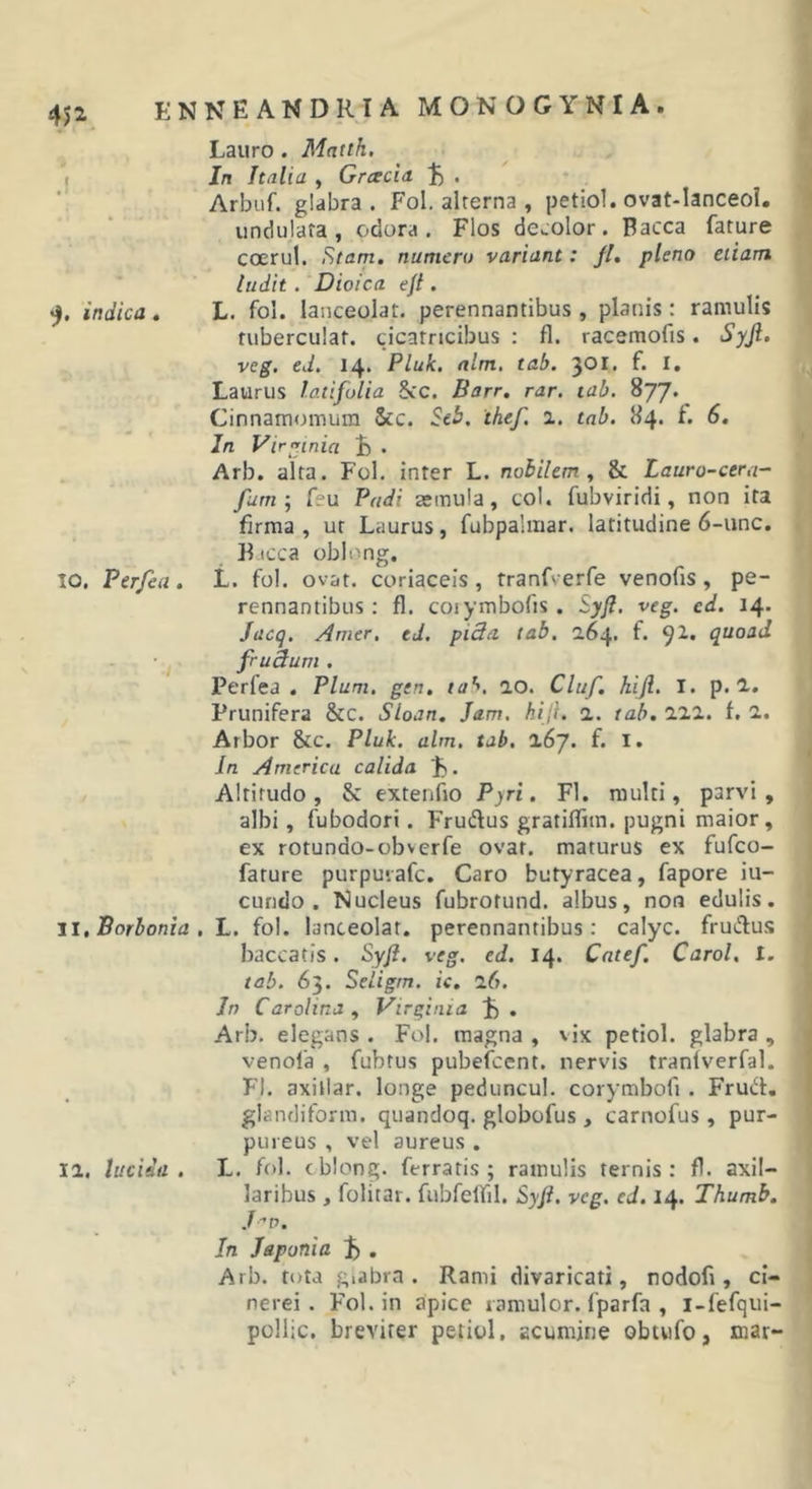 Lauro . Matth, [ Jn Italia , Grcecia . Arbiif. glabra. Fol. alterna , petiol. ovat-Ianceoi. undulata, odora. Flos decolor. Bacca fature coerul. Stam, numero variant: fl, pleno etiam ludit. Dioica ejt. 4. indica. L. fol. lanceolat. perennantibus , planis: ramulis tuberculat. cicatricibus : fl. racemofis. Syjl. veg. ed. 14. Pluk. alm, tab. 301. f. I, Laurus latifolia 6cc. Barr, rar. tab. 877* Cinnamomum &amp;c. Seb, ihcf. 2. tab. 84. t. 6. In Virginia . Arb. alta. Fol. inter L. nohilem ^ &amp; Lauro-ctra- fum; r?u Padi asmula, coi. fubviridi, non ita firma , ut Laurus, fubpalmar. latitudine 6-unc. jR.icca oblong. 10. Perfea. t. fol. ovat, coriaceis, tranfverfe venofis, pe- rennantibus: fl. coiymbofis . Syjl, veg. ed. 14. Jacq. Amer, ed. pi3a tab. 264. f. ^1. quoad fruAum , Perfea. Pium, gen, ta^, 10. Cluf. hijl, I. p. 2, Prunifera &amp;c. Sioan, Jam. kij}, a. tab, 222. f. 2. Arbor &amp;c. Pluk. alm. tab. 267. f. l. Jn America calida jS. Altitudo, 8c extenfio Pyri. Fl. multi, parvi, albi, fubodori. Frudus gratiflim. pugni maior, ex rotundo-cbverfe ovat, maturus ex fufco- fature purpuiafc. Caro butyracea, fapore iu- cundo . Nucleus fubrotund. albus, non edulis. 11. Sorbonia, L. fol. lanceolat. perennantibus: calyc. frudfus baccatis. Syfi. veg. ed. 14. Catef. Carol, l. tab. 63. Seligrn. ic. 26. Jn Carolma^ Virginia J) . Arb. elegans . Fol. magna , vix petiol. glabra , venofa , fubtus pubefcent. nervis tranlverfal. Fl. axiilar. longe peduncul. corymbofi. Frud. glandifonn. quandoq. globofus , carnofus, pur- pureus , vel aureus . 12. lucida , L. fol. c blong. ferratis ; ramulis ternis : fl. axil- laribus , folitar. fubfelfil. Syji, veg. ed. 14. Thumb. J-^p. In Japonia . Arb. fota giabra . Rami divaricati, nodofi, ci- nerei. Fol. in apice lamulor. fparfa , i-fefqui- pollic. breviter petiol, acumine obtwfo, mar-