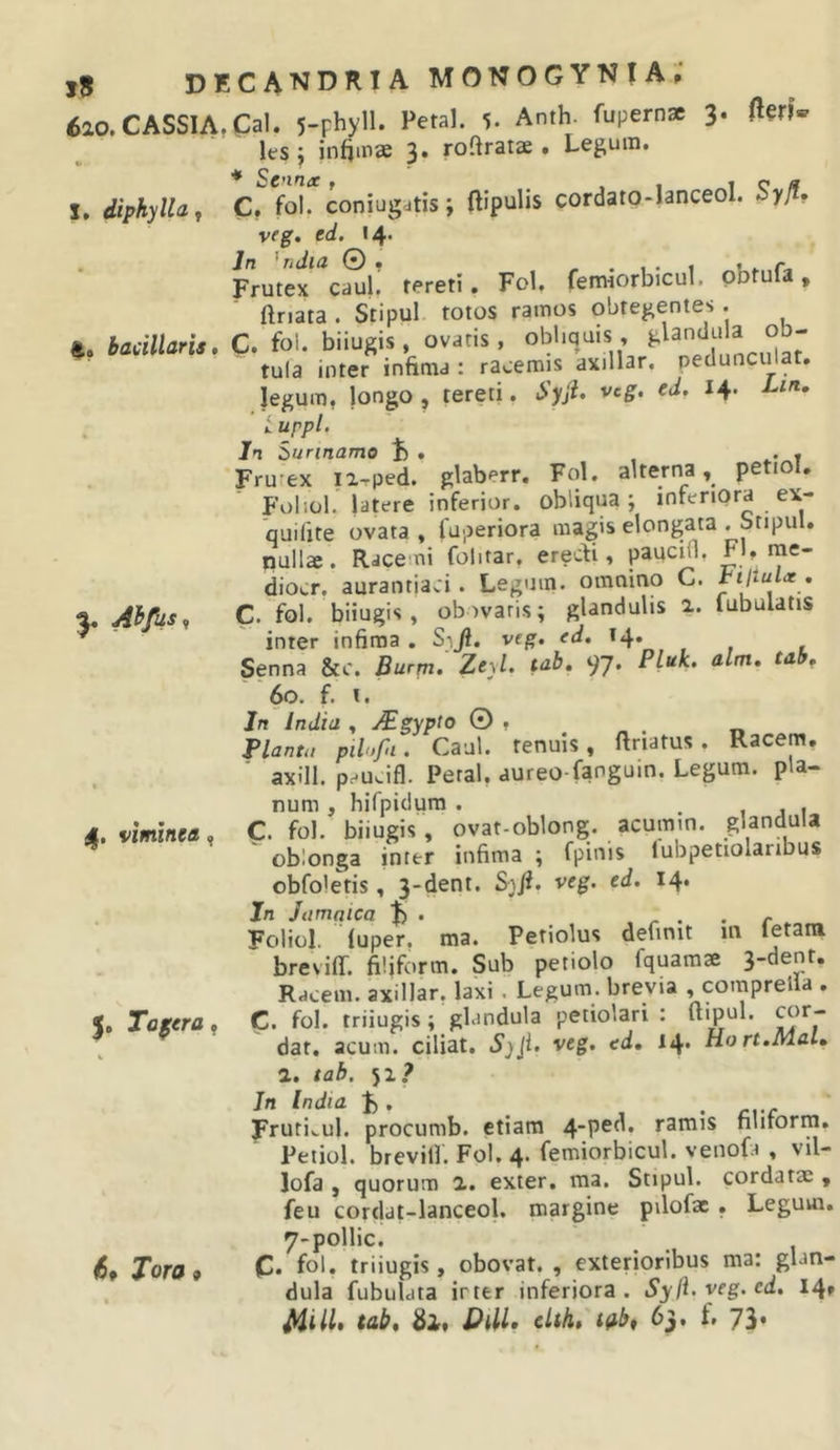 620. CASSIA.Cal. 5-Fhyll. Peral. 5. Anth. fupernae 3. Aeri 1 _ . top _ I PtyillTI. A^/hi les i infjinae 3* ro^^ratae • Legum. I, dipkylhf coniugatis ; ftipulis cordato-lanceol. Syfi, veg. td. 14. Frutex caul. tereti, Fol. femiorbicul. pbtufa, ftriata . Stipul totos ramos obtegentes. t. badllaris, C. foi. biiugis , ovaris, obliquis, tula inter infima : racemis axillar. peduncmat. legum, longo, tereti. vcg. ed, 14. Lin. ' tuppl. In Surinamo X) » . « Frurex iz^ped. glaberr. Fol. alterna, petiol, Foliol. latere inferior, obliqua; interiora ex- quilite ovata , fu',seriora magis elongata .Stipul, pullae. Racemi folitar, erecti, paucin, Fi, me- diocr. aurantiaci. Legum, omnino C. tiltula , C. fol. biiugis, obovaris; glandulis 2. tubulatis inter infima , S)Jl, veg. ed, 14. Senna &amp;c. Burm. Zeyl. tab, 97. Pluk, alm, ta , 60. f. !. In India , Mgypto 0 , . Flanta pilofi. Caul. tenuis, ftriatus. Racem. axill. peuJfl. Peral, aureo-fanguin. Legum, pla- num , hirpiclura . , j 1 C. fol. biiugis, ovat-oblong. acumin. glandula ' oblonga inter infima ; fpinis lubpetiolanbus obfoletis, 3-dent. S)ft. veg. ed. 14* Irt J amnica |) . ^ Foliol. tuper. ma. Petiolus definit in letata breviff. filiform. Sub petiolo fquamae 3-aent. Racem. axillar. laxi . Legum, brevia , coraprella , Togera, C. fol. triiugis; glandula petiolari : ttipul. cor- dar, acum, ciliat. S^^i. veg, ed, 14* Ho rt.MaU 2. tab. 51? Jn India F. , . Fruti..ul. procumb. etiam 4-pe(l. ramis hlitorm, Petiol. brevilf. Fol, 4&gt; femiorbicul. veiiofa , vil- lofa , quorum 2. exter, ma. Stipul. cordatae , feu cordat-lanceol. margine pilofac , Legum. 7-pollic. C. fol. triiugis, obovat. , exterioribus ma: glan- dula fubuldta irter inferiora. Syfi. veg. ed, 14» tab, 81, DtU, clth, idbf 63. f. 73« 4. viminea, &lt;6, ora