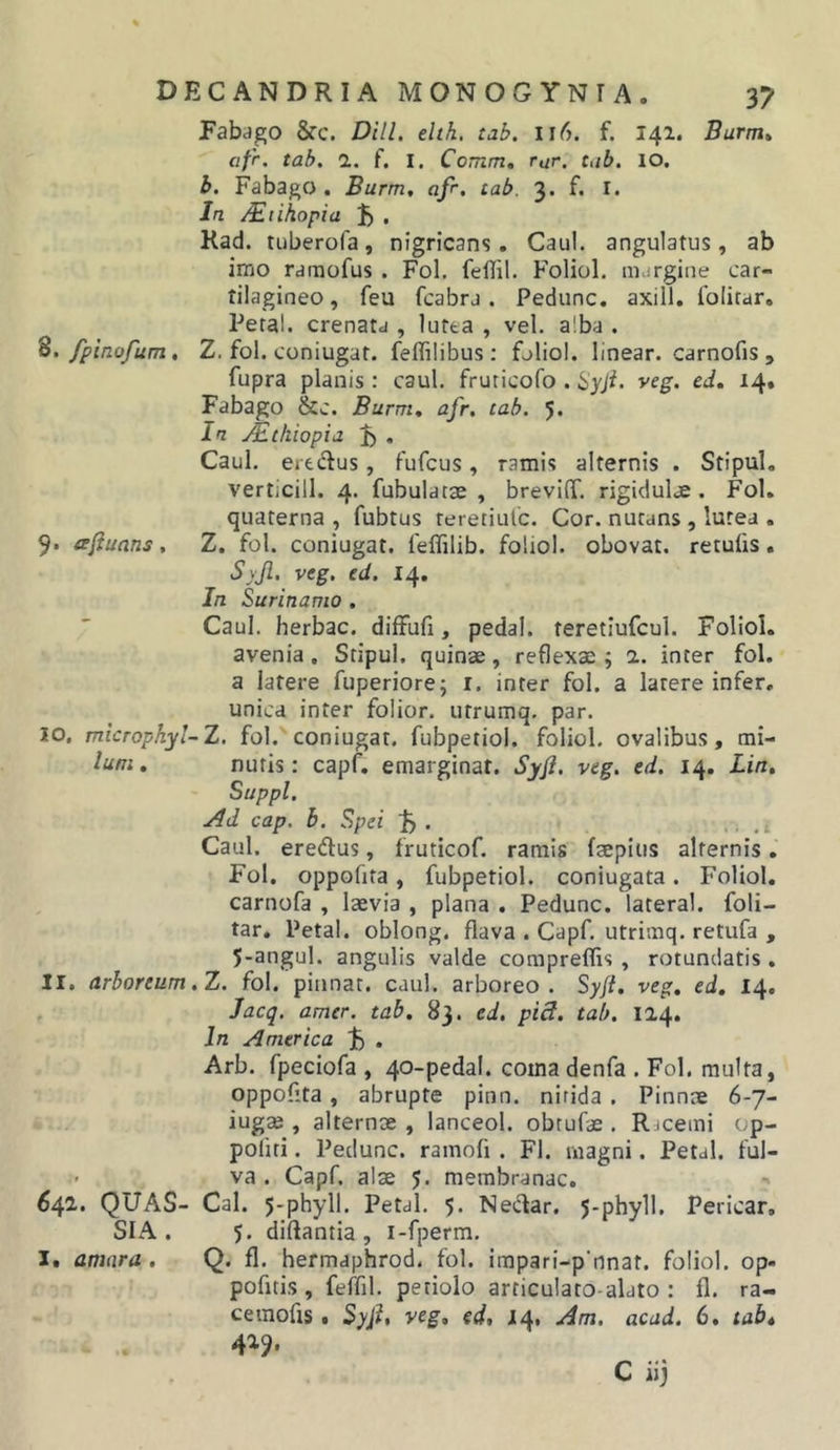 Pabago &amp;c. DHL eltk, tab. 116. f. 141. Burm* afr. tab. 2.. f. I. Comm, rar, tab, IO. b. Fabago . Burm, afr. tab. 3. f. I. In /^tihopia J) , Rad. tuberofa, nigricans. Caul. angulatus, ab imo rarnofus . Fol. feflil. Foliol, margine car- tilagineo, feu fcabrj . Pedunc. axill. folitar, Peral. crenata , lutea , vel. alba . “8. fpinofum, Z. fol. coniugat. feffilibus : fjliol. linear. carnofis , fupra planis : caul. fruticofo . SyjL veg. ed, 14. Fabago &amp;c. Burm, afr, tab. 5. In jEt/iiopia i) . Caul. eredus, fufcus, ramis alternis . Stipul, verticill. 4. fubulatae , brevilT. rigidulae. Fol. quaterna , fubtus teretiufc. Cor. nutans , lutea . i^fiuans, Z. fol. coniugat. feflilib. foliol. obovat. retufis. Syjl. veg. ed. 14. In Surinamo , Caul. herbae, diffufi, pedal. teretiufcul. Foliol. avenia. Stipul. quinae, reflexae; 1. inter fol. a latere fuperiore; r. inter fol. a latere infer, unica inter folior. utrumq. par. 10, micropkyl-Z, fol. coniugat. fubpetiol. foliol. ovalibus, mi- lum, nutis; capf. emarginat. Syfi. veg. ed. 14. Lin, Suppi. Ad cap. b. Spei i). . Caul. eredus, fruticof, ramis faepitis alternis. Fol. oppofita, fubpetiol. coniugata. Foliol. carnofa , laevia , plana . Pedunc. lateral. foli- tar. Petal. oblong. flava . Capf. utrimq. retufa , 5-angul. angulis valde compreffis , rotundatis . 11, arboreum .Z. fol. pinnat. caul. arboreo. Syji, veg, ed, 14. Jacq. amer, tab, 83. ed. pi3. tab. 114. In America jh • Arb. fpeciofa , 40-pedaI. coma denfa . Fol. multa, oppofita, abrupte pinn. nirida . Pinnae 6-7- - iugsB , alternae , lanceol. obtufae . Rdceini op- poliri. Pedunc. ramofi . FI. magni. Petal. ful- va . Capf. alae 5. membranae. 642. QUAS- Cal. 5-phyll. Petal. 5. Nectar. J-phyll, Pericar. SIA . 5. diftantia , i-fperm. I, amara . Q. fl. hermaphrod. fol. impari-p'nnat. foliol. op- pofitis, feffil. petiolo articulato-alato : £1. ra- cetnofis. Syji, veg, ed, 14, Am. acad. 6, tab* 4^9•