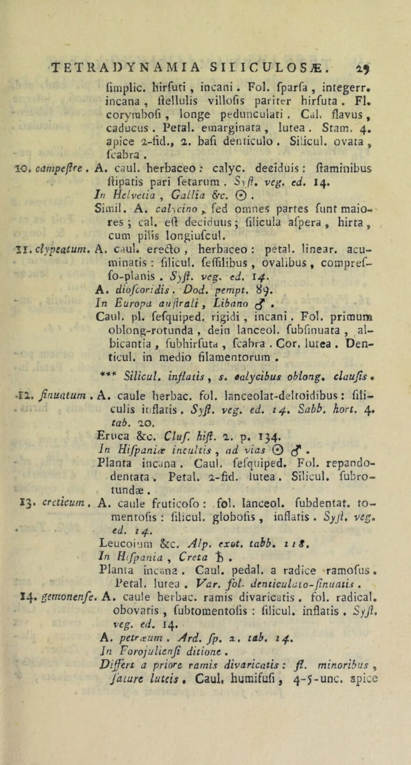 finiplic. hirfuti , incani. Fol. fparfa , integerr. incana , ftellulis villofis parirt-r hirfuta . FI. coryrabofi, longe pedunculari . Cal. flavus, caducus . Petal. emarginata , lutea . Stam. 4. apice a-ticl., 2. bafi denticulo . Silicul. ovata „ fcabra . 10. campeftre . A. caul. herbaceo : calyc. deciduis: flaminibus liipatis pari fetarum . Syft. veg. ed. 14. In Helvetia , Gallia St. © . Simii. A. caUcino „ fed omnes partes funt maio- res ; cal. eff deciduus; filicula alpera , hirta , cum pilis longiufcul. 11. clypeatuni. A. caul. ere&amp;o , herbaceo: petal. linear. acu- minatis : filicul. feflilibus, ovalibus , compref- fo-planis . Syjl. veg. ed. 14. A. diofcoridis. Dod. pempt. 89. In Europa au ftrali, Libano . Caul. pl. fefquiped. rigidi, incani. Fol. primum oblong-rotunda , dein lanceol. fubfinuata , al- bicantia , fubhirfutd , fcabra . Cor. lutea . Den- ticul. in medio filamentorum . *** Silicul. inflatis, s. ealycibus oblong, claufis. •12. Jinuatum . A. caule herbae, fol. lanceolat-deltoidibus: fili- culis inflaris. Syjl. veg. ed. 14. Sabb. hort. 4. tab. 20. Eruca &amp;c. Cluf. hift. 2. p. 134. In Hifpanirr incultis , ad vias 0 . Planta incana. Caul. fefquiped. Fol. repando- dentata. Petal. 2-fid. lutea. Silicul. fubro- tundae . 13. creticum. A. caule fruticofo : fol. lanceol. fubdentat. to- mentofis: filicul. globolis, inflatis . Syjl. veg. ♦ ed. 1 4. Leucoinm &amp;c. Alp. exot. tabb. iii. In Hifpania , Creta . Planta incana. Caul. pedal. a radice ramofus. Petal. lutea . Var. fol. denticulato-finuatis . 14. getnonenfe. A. caule herbae, ramis divaricatis . fol. radica!. obovatis , fubtomentolis : filicul. inflatis . Syjl. veg. ed. 14. A. petraeum. Ard. fp. x. tab. 14. In ForojulienJi ditione . Differt a priore ramis divaricatis: fi. minoribus , fature luteis. Caul, humifuft, 4-5-unc. spice