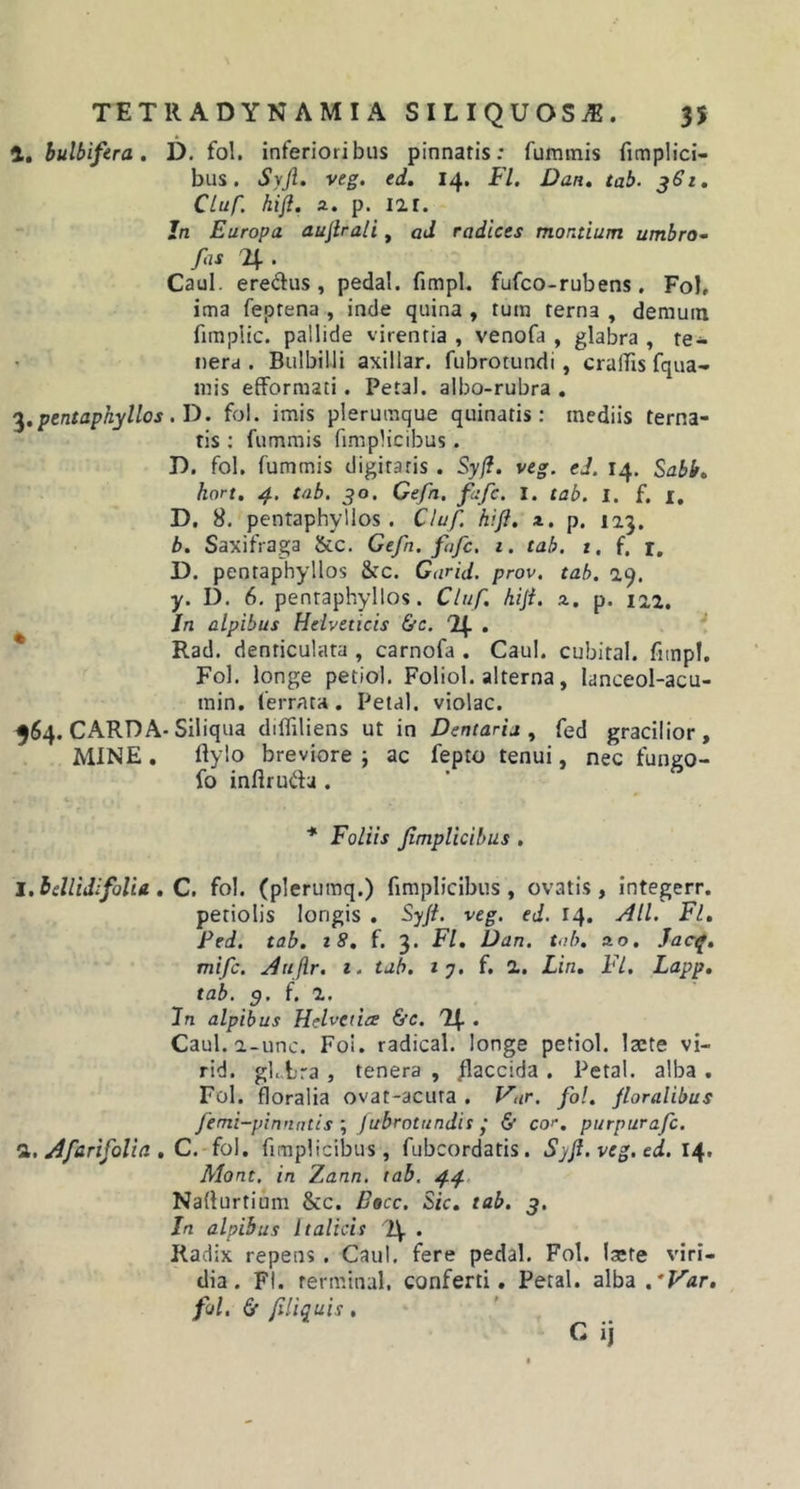 1. bulbifera. D. fol. inferioribus pinnatis: fummis fimplici- bus. Syjl. veg. ed. 14. Fl. Dan. tab. 361. CLuf. hiji. z. p. I2.r. Jn Europa, aujlrali, ad radices montium, umbro- fas 4 . Caul. ere&amp;us , pedal. fimpl. fufco-rubens. Fol, ima feptena , inde quina , tum terna , demum fimplic. pallide virentia , venofa , glabra , te- nera . Bulbilli axillar. fubrotundi, cralTxs fqua- niis efformati . Petal. albo-rubra . 3. pentaphyllos . D. fol. imis plerumque quinatis: mediis terna- tis : fummis fimplicibus. D. fol. fummis digitaris . Syfi. veg. ed. 14. Sabi» hort. 4. tab, 30. Gefn. fufc. I. tab. 1. f. 1. D. 8. pentaphyllos. Cluf. hiji. z. p. 113. b. Saxifraga &amp;c. Gefn. fafc. 1. tab. 1. f. r, D. pentaphyllos &amp;c. Garid. prov. tab. 29. y. I). 6. pentaphyllos. Cluf. hiji. z. p. 12.2. Jn alpibus Helveticis &amp;c. 4 • Rad. denticulata , carnofa . Caul. cubital, fimpl. Fol. longe petiol. Foliol. alterna, lanceol-acu- min. ferrata. Petal. violae. 564. CARDA-Siliqua diffiliens ut in Dentaria, fed gracilior, MINE . itylo breviore ; ac fepto tenui, nec fungo- fo inftru&amp;a . * Foliis fimplicibus , I.bellidifolia . C. fol. (plerumq.) fimplicibus, ovatis, integerr. petiolis longis . Syji. veg. ed. 14. Ali. Fl. Ped. tab. 18. f. 3. Fl. Dan. tab. zo. Jacf. mife. Auftr. 1. tab. 17. f. 2.. Lin. Fl. Lapp. tab. 9. f. 2. Jn alpibus Helvetice &amp;c. 4. Caul. a-une. Fol. radical. longe petiol. lacte vi- rid. gh.bra , tenera , flaccida . Petal. alba . Fol. floralia ovat-acura . Vur. fol. Jloralibus femi-pinnntis ; fubrotundis j &amp; cor. purpurafe. Z. A fari folia . C. fol. fimplicibus, fubcordatis. Syjl. veg. ed. 14. Mont, in Zann. tab. 44 Naflurtium &amp;c. Eocc. Sic. tab. 3. In alpibus Italicis 4 • Radix repens . Caul. fere pedal. Fol. lacte viri- dia . Fl. rerminal. conferti. Petal. alba ,'Var. fol. &amp; filiquis,
