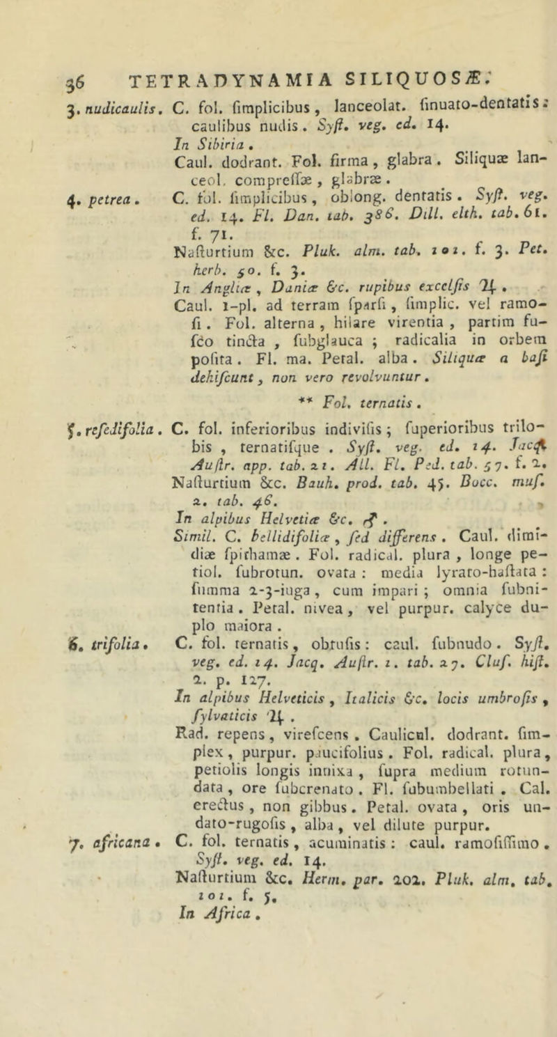 3. nudicaulis. C. fol. fimplicibus , lanceolat. linuato-dentatis. caulibus nudis. Syft. veg. ed. 14. In Sibiria . Caul. dodrant. Fol. firma, glabra. Siliquae lan- ceol. compreffae , glabrae. 4. petrea. C. tui. fimplicibus, cbiong. dentatis. Syfi. veg. ed. 14. Fl. Dan. lab. 38S. Dill. elth. tab. 61. f. 71. Nafturtium &amp;c. Pluk. alm. tab. 101. f. 3. Pet. herb. 50. f. 3. In Anglict , Dania &amp;c. rupibus exccLJis 74-. Caul. l-pl. ad terram Ip.irfi, limplic. vel ramo- fi . Fol. alterna , hilare virentia , partim fu- fco tincta , fubglauca ; radicalia in orbem polita. FI. ma. Peral. alba. Siliqua a baji dehifcunt, non. vero revolvuntur. ** Fol, ternatis. refedifolia . C. fol. inferioribus indi vilis ; fuperioribus trilo- bis , ternatifque . Syjl. veg. ed. 14. Jacfl Auflr. app. tab. xi. Ali. Fl. Ped. tab. 57. f. !• Naflurtium &amp;c. Bauh. prod. tab. 45* Bocc. muf. x. tab. 46. , In alpibus Helvetia &amp;c. A - Simii. C. bellidifolia , fed differens . Caul. dimi- diae fpirhamae . Fol. radical. plura , longe pe- tiol. fubrotun. ovata : media lyraro-haftata : fumma a*3-iuga, cum impari ; orama fubni- tentia . Petal. nivea, vel purpur. calyce du- plo maiora . 6. trifolia, C. fol. ternatis, objtufis: caul. fubnudo. Syfl. veg. ed. 14. Jacq. Aujir. 1. tab. x 7. Cluf. hijt. 1. p. 127. In alpibus Helveticis , Italicis &amp;c, locis umbro(is , fylvaticis '2J. . Rad. repens, virefcens . Caulical. dodrant. fim- plex , purpur. piucifolius. Fol. radical. plura, petiolis longis innixa , lupra medium rotun- data, ore fubcrenato . Fl. fubumbellati . Cal. cre&amp;us, non gibbus. Petal. ovata , oris un- dato-rugofis , alba , vel dilute purpur. 7. africana • C. fol. ternatis, acuminatis : caul. ramofilTuno . Syjt. veg. ed. 14. Naflurtium &amp;c. llemi. par. aoa, Pluk. alm, tab, 101. f. 5. In Africa .