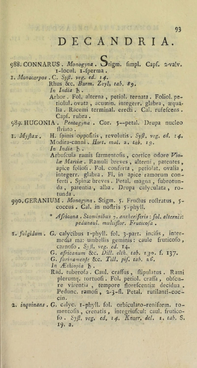 DECANDRIA. 988. CONNARUS . Monogyna, Stigm. fimpl. Capf. 2-valv. i-locnl. i-fperraa . I. Monocarpos . C. Syji. veg. ed. 14. Rhus &amp;c. Burnt. Zeyl. tab. 8&lt;). Jn ludia, b . Arbor . Fol. alterna, petiol. ternata . Foliol. pe- tiolul. ovata , acumin. imegerr. glabra, aequa- lia . Racemi terminal. eredi . Cal. rufefcens . Capf. rubra . 989. HUGONIA . Pentagyna . Cor. 5—petal. I)rupa nucleo ftriato . I. Myjtax. H. fpinis oppofitis , revolutis. Syft. veg. ed. 14, Modira-canni &gt; Hort. mal. z. tab. ig. In India b . Arbufcula ramis farmentofis, cortice odore Vio- let Mania. Ramuli breves, alterni, patentes, apice folioli. Fol. conferta , petiolat. ovalia , integerr. glabra. Fl. in apice ramorum con- ferti . Spinee breves . Petal. magna , fubrotun- da, patentia, alba. Drupa calyculata, ro- tunda . 990. GERANIUM . Monogyna. Stigm. 5. Fru&amp;us rollratus, $- coccus . Cal. in noflris 5-phyII. * Africana . Staminibus y. antheriferis : fol. alternis: peduneul. multiftor. Fruticofa . I, fulgidum. G. calycibus i-pbyll. fol. 3-parr. incifis, inter- media ma: umbellis geminis : caule fruticofo , carnofo . Syft. veg. ed. 14. G. africanum &amp;c. DHL elth. tab. rjo. f. 137* G. furinamenje 5cc. Till. pif. tab. z6. In Athiopia 1) . Rad. ruberofa . Caul. craffus , ftipulatus . Rami plerumq. tortuofi. Fol. petiol. crafifa , obfcu- re virentia , tempore florefcentis decidua . Pedunc. ramofi, 2-3-fl. Petal. rutilanti-coc- cin. 1. inquinans , G. calyc. i-phyll. fol. orbiculato-reniform. to- mentofis, crenatis , integriufcul: caul. frutico- fo . Syft, veg. ed. 14. Knorr, dei. t, tab. S. 19. a.