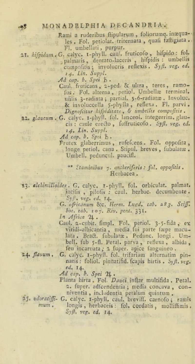 Rami a ruderibus ftipularum , foliorumq. inaequa- les . Fol. petiolar. triternata , quali faftigiata . FI. urabellati, purpur. %l. kifpidum. G. calyc. i-phyll. caul. fruticofo , hifpido: fol. palmatis, dentato-laceris , hifpidis : umbellis compofitis ; involucris reflexis. Syft. veg. ed. 14. Lin. Suppi. Ad cap. b. Spei £&gt; . Caul. fruticans, 2-ped- &amp; ultra, teres, ramo- fus. Fol. alterna, petiol. Umbellae termina!, uniis 3-radiata ; partial. 5-6-radiata; . Involuc. &amp; involuccella 5-phylla , reflexa . FI. parvi. Dignofcitur hifpiditate, &amp; umbellis compofitis . 11. glaucum.G. calyc. i-phyll. fol. lanceol. integerrim. glau- cis : caule eredo , fuffruticofo. Syfi. veg. ed. 14. Lin. Suppi. Ad cap. b. Spei . Frutex glaberrimus, rufefcens . Fol. oppofita , longe petiol. cana . Stipul. breves, fabulatae. Umbell. peduncul. paucifl. ** Staminibus 7. antheriferis : fol. oppofids . Herbacea. 13, elchitnilloides. G. calyc. i-phyll. fol. orbiculat. palmat. incilis , pilofis : caul. herbae, decumbente. Syfi. veg. ed. 14. G. africanum Scc. Herm. Ltigd. tab. a.83. Stijf. bot. tab. 107. Riv. pent. 331. In Africa 7\. . Caul. 2,-cubit. fimpl. Fol. petiol. 3-5-fida, ex viridi—albicantia , media fui parte fatpe macu- lata . Brad. fabulata;. Pedunc. longi. Um- bell. fub 5-fl. Petal. parva, reflexa, albida, feu incarnata • a fuper. apice (anguineo . •24. flavum. G. calyc. 1—phyM. fol. trifariam alternarim pin- natis : foliol. pinAatind. fcapis hirtis. Syfi. veg. ed. 14. Ad cap. b. Spei 14 • Planta hirta . Fol. Dauci inflar multifida . Petal. 1. fuper. adfcendentia ; media concava , con- niventia , includentia petalum quintum . 25* vdoratijfi- G. calyc. i-phyll. caul. brevifl. carnofo ; ramis mum . longis , herbaceis : fol. cordatis, molliflimis. Syfi, veg. ed. 14.