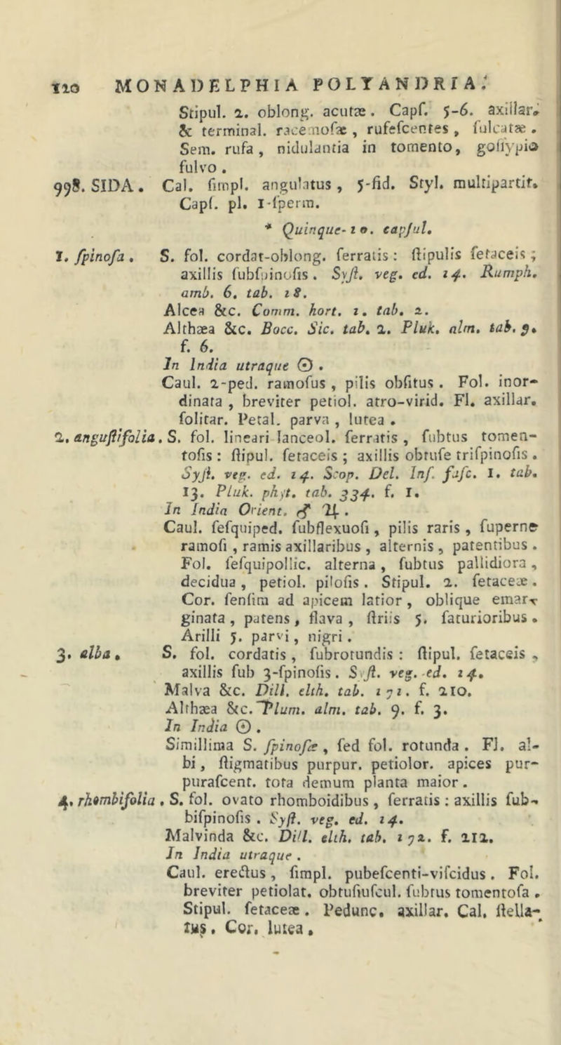 Stipul. i. oblong. acutae. Capf. 5-6. axiilar* &amp; terminal. racenofae , rufefcenres, fulcatae . Sera, rufa, nidulanda in tomento, goflypio fulvo . 998. SIDA. Cal. fimpl. angulatus, J-fid. Styl. multipartif. Capf. pl. I-lperm. * Quinque-10. eapjul. 1. fpinofa . S. fol. cordat-oblong. ferratis: ftipulis fetacets; axillis fubfuinofis. Svjl. veg. ed. 14. Rumph. amb. 6. tab. 18. Alcen &amp;c. Comm. hort. 1. tab. s.. Althaea &amp;c. Bacc. Sic. tab. 2. Pluk. alm. tab.5. f. 6. In India utraque © . Caul. 2-ped. raraofus, pilis obfitus. Fol. inor- dinata , breviter petiol. atro-virid. Fl. axillar. folitar. Petal. parva , lutea . 2. anguftifolia. S. fol. lineari lanceol. ferratis, fubtus tomen- tofis : ftipul. fetaceis ; axillis obtufe trifpinofis . Syji. veg. ed. 14. Seop. Del. Irtf. fafe. I. tab. 13. Pluk. ph)'t. tab. 334. f. I. In India Orient. r? Caul. fefquiped. fubflexuofi, pilis raris, fuperne ramofi , ramis axillaribus , alternis , patentibus . Fol. lefquipollic. alterna, fubtus pallidiora, decidua , petiol. pitofis . Stipul. 2. fetaceae. Cor. fenlirn ad apicem latior , oblique emarT ginata, patens, flava, flriis 5. faturioribus. Arilli 5. parvi, nigri . 3. alba » S. fol. cordatis, fubrotundis : ftipul. fetaceis , axillis fub 3-fpinofts. S Jl. ve», ed. 14. Malva &amp;C. Dill. elth. tab. i?i. f. 210. Althaea &amp;c.~Plum. alm. tab. 9. f. 3* In India © . Simillima S. fpinofie , fed fol. rotunda. FJ. al- bi , ftigmatibus purpur. petiolor. apices pur- purafeent. tota demum planta maior. 4. rhembifolia . S. fol. ovato rhomboidibus, ferratis: axillis fub- bifpinofis . Syft. veg. ed. 14. Malvinda &amp;c. Dill. ehh. tab. tyz. F. 212. In India utraque . Caul. ereftus, fimpl. pubefeenti-vifeidus . Fol. breviter petiolat. obtufiufeul. fubtus tomentofa . Stipul. fetaceae. Pedunc. axillar. Cal, ftelia- ims. Cor, lutea.