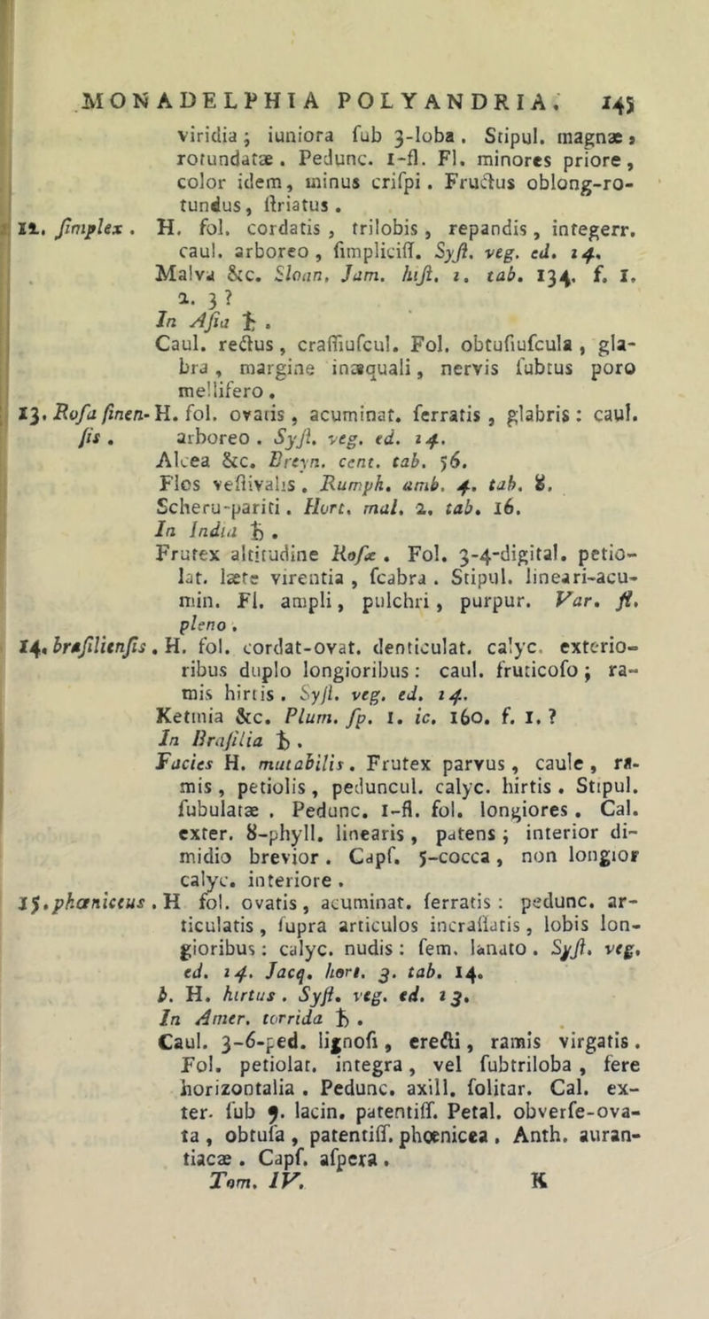 viridia ; iuniora fub 3-loba . Stipul. magnae , rotundatae. Pedunc. i-fl. FI. minores priore, color idem, minus crifpi. Fru&amp;us oblong-ro- tundus, llriatus . It. Jimplex . H. fol. cordatis , trilobis, repandis, integerr. caul. arboreo, ftmpliciff. Syfi. veg. ed. 14, Malva &amp;c. Slcun. Jam. /uji. 1, tab. 134. f. I, a. 3 ? Jn Afiii £ . Caul. re&amp;us, crafliufcul. Fol. obtufiufcula , gla- bra , margine inaequali, nervis fubtus poro mellifero. 13. Rofa finen- H. fol. ovaiis, acuminat, ferratis, glabris: caul. fis . arboreo. Syfi. veg. ed. 14. Alcea &amp;c. Brtyn. cent. tab. 56. Flos veflivalrs . JRumph. amb. 4. tab. 8, Scheru-pariti. llon. mal. 2. tab. 16. Ia India 1) . Frutex altitudine Kofix . Fol. 3-4-digital. petio- lat. laete virentia , fcabra . Stipul. lineari-acu- min. Fi. ampli, pulchri, purpur. Var. fi, pleno . 14, brtfilitnfis. H. fol. cordat-ovat. denticulat. calyc. extc-rio- ribus duplo longioribus: caul. fruticofo \ ra- mis hirtis. Syfi. veg. ed, 14. Ketinia &amp;c. Pium. fp. 1. ic, 160. f. I. ? In B rufii ia . Facies H. mutabilis. Frutex parvus, caule, ru- mis, petiolis, peduncul. calyc. hirtis. Stipul. fubulatae . Pedunc. I-fl. fol. longiores. Cal. exter. 8-phyll. linearis, patens ; interior di- midio brevior. Capf. 5-cocca, non longior calyc. interiore . If.pkaniccus . H fol. ovatis, acuminat, ferratis: pedunc. ar- ticulatis , lupra articulos incrafiatis, lobis lon- gioribus : calyc. nudis: fem. lanato. Syfi. veg, ed. 14. Jacq, lusri. 3. tab. 14. b. H. hirtus . Syfi. veg. ed. 13. In Amer, torrida . Caul. 3-6-ped. lignofi, eredli, ramis virgatis. Fol. petiolar. integra, vel fubtriloba , fere horizontalia . Pedunc. axill. folitar. Cal. ex- ter- fub 9. lacin. parentiff. Petal. obverfe-ova- ta , obtula , patentifif. phoenicea , Anth. auran- tiacae . Capf. afpera . Tom. IV. K