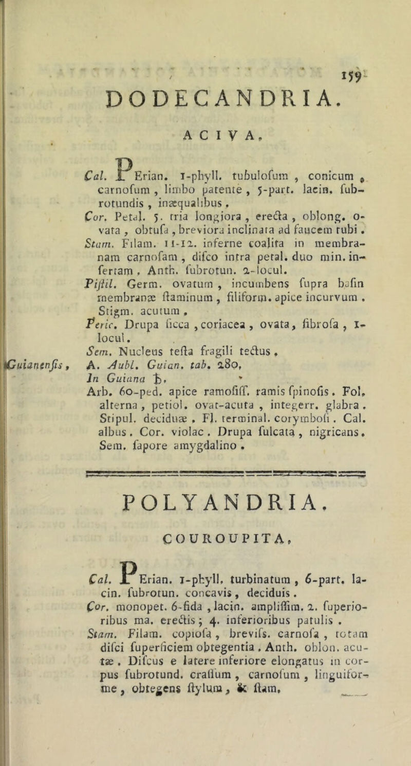 iCuianenfis, 159- DODECANDRI A. ACIVA, Cal. IPErian. i-phyll. tubulofum , conicum 8 carnofum , limbo patente , 5-part. laein. fub- rotundis , inaequalibus. Cur. Pet4. 5- rria longiora , ereda , oblong. 0- vata , obtufa, breviora inclinata ad faucem rubi. Stam. Filam. n-li. inferne coalita in membra- nam carnofam , difeo intra petal. duo min. in- fertam . Anth. fubrotun. a-locul. Pijiil. Germ. ovaturn , incumbens fupra bafm membrana flaminum , ftliform. apice incurvum . Stigm. acutum . Peric. Drupa ficea , coriacea , ovata, (ibrofa , I- locul. Sem. Nucleus terta fragili tedus . A. v4ubl. Guian. tab. 280, lti Guiana 1). Arb. 60-ped. apice ramofiff. ramis fpinofis. Fol, alterna, petiol. ovat-acuta , integerr. glabra. Stipul. decidua . FI. terminal. corymboli. Cal. albus. Cor. violae. Drupa fulcata , nigricans. Sem. fapore amygdalino . POLYANDRIA. COUROUPITA, Cal. PErian. i-phyll, turbinatum , 6-part. Ia- cin. fubrotun. concavis , deciduis . Cor. monopet. 6-fida , laein. ampliffim. a. fuperio- ribus ma. eredis; 4. inferioribus patulis . Stam. Filam. copiola, brevifs. carnofa , totam difei fuperiiciem obtegentia . Anth. oblon. acu- tae . Difcus e latere inferiore elongatus in cor- pus fubrotund. cralium , camolum , linguifor-? me, obtegens ftyluru, &lt;k ftam.