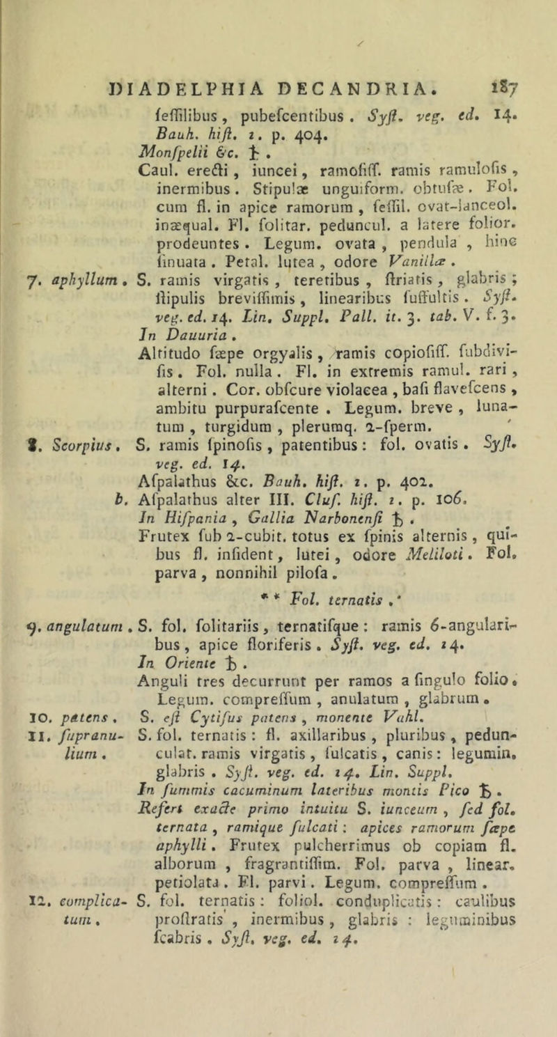 feflilibus, pubefcentibus . Syft. veg. ed. 14* Bauh. hift. 1. p. 404. Monfpelii &amp;c. £ . Caul. eredi , iuncei, ramofiff. ramis ramulofis, inermibus. Stipulae unguiform. obtufae. Fol. cum fi. in apice ramorum , feflil. ovat-ianceol. inmqual. FI. folitar. peduncul. a latere folior. prodeuntes. Legum, ovata , pendula , hinc iinuata . Petal. lutea , odore Vanitie . 7. aphyllum. S. ramis virgatis, teretibus, ftriatis , glabris; flipulis breviifimis, linearibus fuffultis. Syft» veg. ed. 14. Lin. Suppi. Pali, it.3* tab.V.f. 3* Jn Dauuria . Altitudo faepe orgyalis , /ramis copiofiff. fubdivi- fis. Fol. nulla. FI. in extremis ramul. rari, alterni. Cor. obfcure violacea , bafi flavefeens , ambitu purpurafeente . Legum, breve , luna- tum , turgidum , plerumq. a-fperm. S. Scorpius . S. ramis lpinofis , patentibus: fol. ovatis. Syft. veg. ed. 14. Afpalathus &amp;c. Bauh. hift. 1. p. 402. b. Afpalathus alter III. Cluf. hift. 1. p. 106, Jn Hifpania , Gallia Narboncnfi 4) • Frutex fub 2-cubit. totus ex fpinis alternis, qui- bus fl. infident, lutei, odore Meliloti. Fol, parva, nonnihil pilofa. * * Fol. ternatis , * t). angulatum .S. fol. folitariis, ternatifque : ramis 6-angularir- bus , apice floriferis. Syft. veg. ed. 14. In Oriente . Anguli tres decurrunt per ramos a fingulo folio. Legum, compreffum , anulatum, glabrum. 10. patens. S. eji Cytifus patens, monente Vahl. 11. fupranu- S. fol. ternatis: fl. axillaribus, pluribus, pedun- lium . culat, ramis virgatis, lulcatis , canis: legumin, glabris . Syft. veg. ed. 14. Lin. Suppi. In fummis cacuminum lateribus montis Pico . Refert exacte primo intuitu S. iunceurn , fed fol. ternata , ramique fulcati: apices ramorum fccpe. aphylli. Frutex pulcherrimus ob copiam fl. alborum , fragrantiffim. Fol. parva , linear. petiolata. Fl. parvi. Legum, compreffum . 12. complica- S. fol. ternatis: foliol. conduplicatis: caulibus tum. proflratis , inermibus, glabris : leguminibus fcabris . Syft. veg. ed. 14.