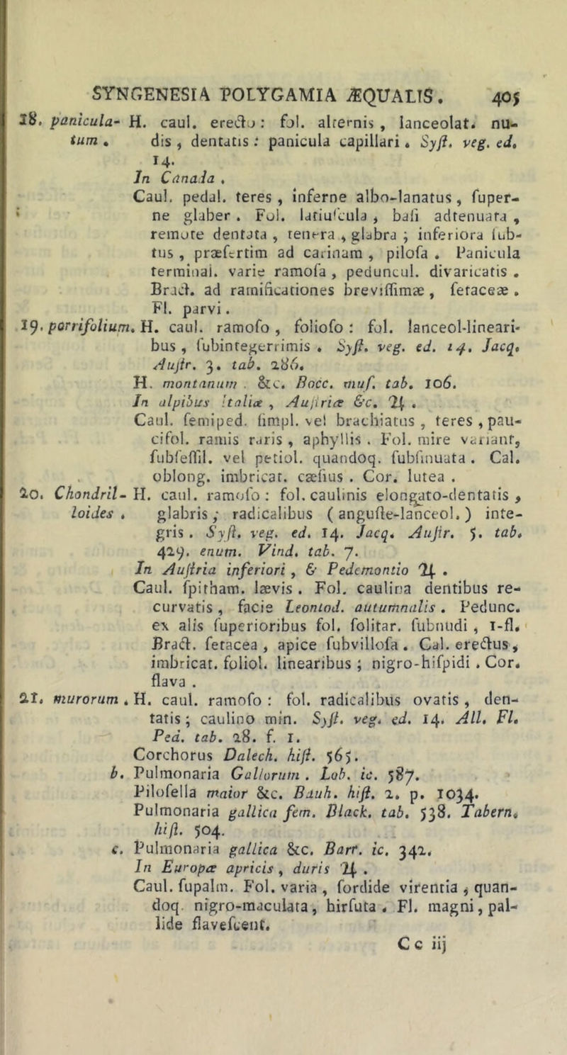 18. panicula- H. caul. erectu: fui. alternis , Ianceolat. nu- tum . dis , dentatis: panicula capillari. Syjt. veg. ed. 14. In Cana.ia . Caul. peda!, teres, inferne albo-lanatus, fuper- ne glaber . Fui. lariufcula , bali adtenuafa , remure dentata , tenera , glabra ; inferiora iub- tus, praeftrtim ad carinam , pilofa . Panicula terrainai. varie ramofa , peduncul. divaricatis . Bract. ad rainibcationes breviflimae , feraceae . FI. parvi. 19. ponifolium.il. caul. ramofo , foiiofo : fui. lanceol-lineari- bus, fubintegerrimis . Syfl. veg. ed. 14. Jacq, Aujtr. 3. tab. 286. H. montanum . &amp;c. Bocc, muf tab. 106. In alpibus Italice , Aujirue &amp;c. H , Caul. femiped. (impl. vel brachiatus, teres , pau- cifol. ramis raris , a phy His . Fol. mire variant, fubfeflil. vel petiol. quandoq. fubfinuata . Cal. oblong. imbricat, caeiius . Cor. lutea . Io. Chondril-ll. caul. ramolo: fol. caulinis elongato-dentatis , loides . glabris; radicalibus ( angufle-lanceol. ) inte- gris. Syft, veg. ed. 14. Jacq. Aujir. 5- tah&gt; 429. enum. Vind. tab. 7. In Aujiria inferiori , &amp; Pedcmontio H . Caul. fpirham. laevis . Fol. caulina dentibus re- curvatis , facie Leontod. autumnalis. Pedunc. e\ alis fuperioribus fol. folitar. fubnudi , i-fl. Braft. fetacea , apice fubvillofa . Cal. ere&amp;us, imbricat, foliol. linearibus; nigro-hifpidi . Cor. flava . 21. murorum . H. caul. ramofo : fol. radicalibus ovatis , den- tatis; caulino min. S)Jt. veg. ed. 14. Ali. FI. Pea. tab. 28. f. I. Corchorus Dalech. kifl. 565. b. Pulmonaria Gallorum . Lob. ic. 587. Pilofella maior Stc. Bauh. hift. 2. p. 1034. Pulmonaria gallica fem. Black, tab. 538. Tabem, hift. 504. c. Pulmonaria gallica &amp;c. Barr. ic. 342. In Europa apricis , duris '2| . Caul. fupalm. Fol. varia , fordide virentia , quan- doq. nigro-maculata , hirfuta . Fl. magni, pal- lide flavefcent. C c iij