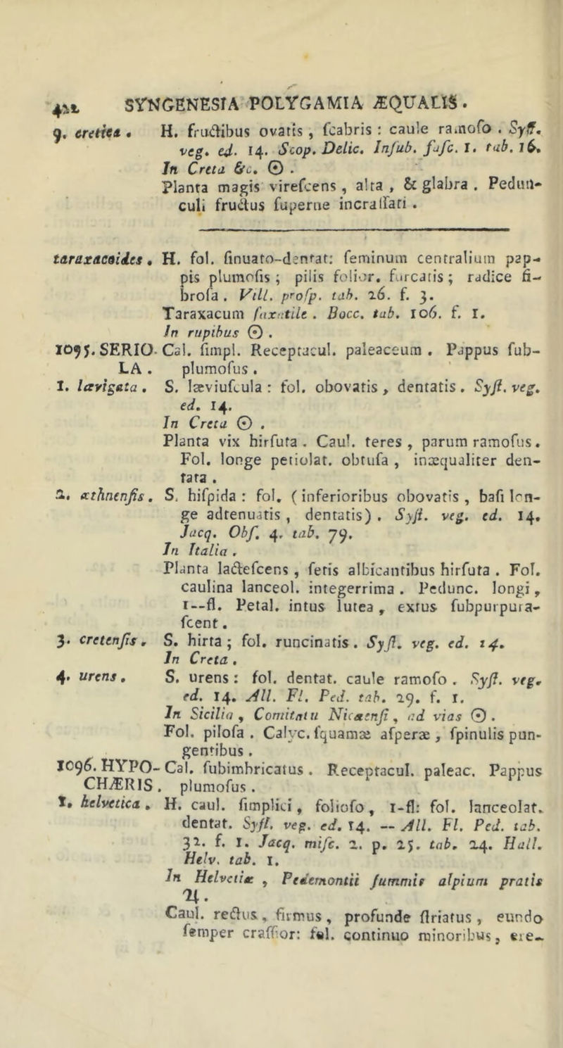 9. eretttt. H. frudibus ovatis , fcabris: caule ramofo . Syff. veg. ed- 14- Scop. Delie. In/ub. fufe. I. tub. 16. In Cretu &amp;c, 0 . Planta magis virefeens, alta, &amp; glabra . Pedun- culi frudus fuperue incraliari . taraxacaiies. H. fol. finuato-dcntat: feminum centralium pap- pis plumofis; pilis folior. fucatis; radice fi- brofa . Vili, profp. tub. r6. f. 3. Taraxacum fax utile . Bocc. tub. 106. f. I. In rupibus 0 . 1095. SERIO Cal. fimpl. Receptacul. paleaceum . Pappus fub- LA . plumofus . I. lavigata . S. Iceviufcula : fol. obovaris , dentatis. Syfl.veg. ed. 14. In Cretu © . Planta vix hirfuta . Caul. teres, parum ramofus. Fol. longe petiolat. obtufa , inaequaliter den- tata . a. xthnenfis. S. hifpida : fol. (inferioribus obovatis , bafilcn- ge adrenuatis , dentatis) . Syji. veg. ed. 14. Jucq. Obf. 4. tub. 79. In Italia . Planta ladefcens, feris albicantibus hirfuta . Fol. caulina lanceol. integerrima . Pedunc. longi, i—fl. Petal. intus lutea, extus fubpurpuia- fcent. 3. cretenjis, S. hirta; fol. runcinatis. Syjl. veg. ed. 14. In Creta . A’ urens. S. urens: fol. dentat. caule ramofo . Syjl. veg. ed. 14. 411. Fl. Ped. tab. 19. f. I. In Sicilia , Coniit.nl u Nicaenji, ad vias 0. Fol. pilofa . Calyc. fquamse afperse, fpinulis pun* gentibus. 1096. HYPO-Cal. fubimbricatus . Receptacul. paleae. Pappus CHARIS, plumofus. I» helvetica.. H. caul. fimplici, foliofo, i-fl: fol. lanceolat. dentat. Syjl. veg. ed. T4. — 411. Fl. Ped. tab. 3*• f* I* I&amp;cq. mife. 1. p. a 5. tab. 04. Hali. Htlv. tab. 1. in^Helvetiec , Pedernontii Jummit alpium pratis Caul. redus. fumus, profunde flriatus , eundo femper craffor: fel. continuo minoribus, eie-