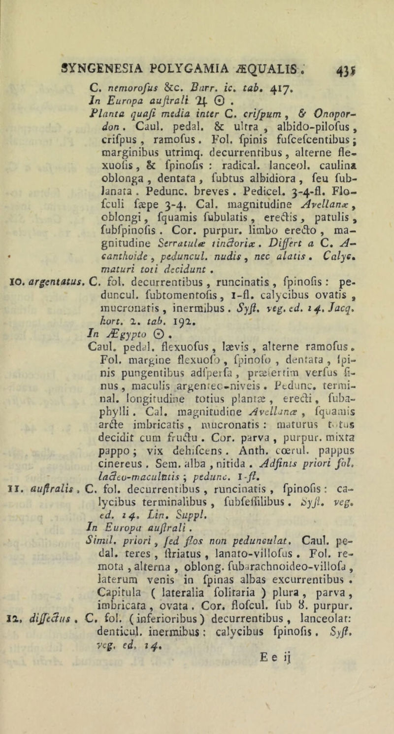 C. nemorofus &amp;c. Burr. ic. tab, 417. Jn Europa auftrali 2\- 0 . Flant a quaji media inter C. crifpum , &amp; Onopar- don. Caul. pedal. &amp; ulrra , albido-pilofus, crifpus, ramofus. Fol. fpinis fufcefcentibus j marginibus utrimq. decurrentibus, alterne fle- xuolis, &amp; fpinofis : radical. lanceol. caulina oblonga , dentata , fubtus albidiora , feu fub- Janata . Pedunc. breves . Pedicel. 3-4-fl. Flo- fculi facpe 3-4. Cal. magnitudine Avellanx, oblongi, fquamis Tubulatis, eredis , patulis, fubfpinofis . Cor. purpur. limbo eredo , ma- gnitudine Serratula tindorix . Differt a C. A- • eanthoide , peduncul. nudis , nec alatis . Calye. maturi toti decidunt . 10. argentatus. C. fol. decurrentibus, runcinatis , fpinofis: pe- duncul. fubtomentofis, i-fl. calycibus ovatis , mucronatis, inermibus. Syfi. veg. ed. 14. Jacq. kort. 1. tab. 192. In JEgypto 0 . Caul. pedal. flexuofus, laevis, alterne ramofus. Fol. margine flexuofo , fpinofo , dentata , 'pi- nis pungentibus adfperfa, proefertim verfus fi- nus, maculis argenteo-niveis. Pedunc. termi- nal. longitudine totius plantae, eredi, fuba- phyIli . Cal. magnitudine Avellana , fquamis arde imbricatis, mucronatis: maturus t.-tus decidit cum frudu . Cor. parva , purpur. mixta pappo; vix dehifcens. Anth. ccerul. pappus cinereus . Sem. alba , nitida . Adfims priori fol, laclto-maculutis ; pedunc. l-fl. 11. auflralis , C. fol. decurrentibus, runcinatis, fpinofis: ca- lycibus terminalibus , fubfelfilibus. Syfi, veg. ed. 14. Lin, Suppi. Jn Europa au fi r ali . Simii, priori, fed flos non pedunaulat. Caul. pe- dal. teres , firiatus , lanato-villofus . Fol. re- mota , alterna , oblong. fubarachnoideo-villofa , laterum venis in fpinas albas excurrentibus . Capitula ( lateralia folitaria ) plura, parva, imbricata , ovata . Cor. flofcul. fub 8. purpur. 12. diffectus , C. fol. (inferioribus) decurrentibus, lanceolar: denticul. inermibus: calycibus fpinofis. Syfi. veg. ed. 14, E e ij