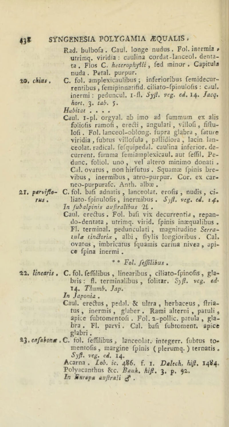 Rad. bulbofa . Caul. longe nudus . Fol. inermia ? utrimq. viridia : cauiina cordat-lanceol. denta- ta . Flos C. kcteropkyili, fed minor . Capitula nuda . Petal. purpur. 10, chias, C. fol. amplexicaulibus ; inferioribus femidecur- rentibus, femipinnarifid. ciliato-fpinulofis : caul. inermi: peduncul. i-fl. Syfi. veg. ed. 14. Jacq, hort. 3. tab. J. Habitat . . , . Caul. i-pl. orgyal. ab imo ad fummum ex alis foliofis ramofi, eredi, angulari, villofi, fiftu- lofi. Fol. lanceol-oblong. fupra glabra , fature viridia , fubtus villofula , pallidiora , lacin lan- ceolat. radical. fefquipedal. cauiina inferior, de- current. furama femiamplexicaul. aut feflil. Pe- dunc. foliol. uno , vel altero minimo donati . Cal. ovatus, non hirfutus. Squamae fpinis bre- vibus , inermibus , atro-purpur. Cor. ex car- neo-purpurafc. Anth. albae . 11, parvifto- C. fol. bafi adnatis, lanceolat. erofis , nudis, ci- rus . liato- fpinulofis, inermibus. Syfi. veg. ed. 14, In Jubalpinis aufiralibus '21 . Caul. eredus . Fol. bafi vix decurrentia , repan- do-dentata , utrimq. virid. fpinis inaequalibus. Fl. termina!, pedunculati , magnitudine Serra- tula tindoriv , albi, fiylis longioribus . Cal. ovatus , imbricatus fquarais carina nivea , api- ce fpina inermi . * * Fol. fejjilibus . 22. linearis , C. fol. feflilibus , linearibus , ciliato-fpinofis , gla- bris : fl. terminalibus, folirar. Syfi. veg, ed' 14. Thumh. Jap. Jn Japonia . Caul. eredus, pedal. &amp; ultra , herbaceus , flria- tus , inermis , glaber . Rami alterni , patuli , apice fubtomentofl . Fol. 2-pollic. patula , gla- bra . Fl. parvi. Cal. bafi fubtoment, apice glabri. 23. atfdbcn* , C. fol. feflilibus, lanceolat. integerr. fubtus to- mentofis , margine fpinis ( plerumq. ) ternatis. Syfi. vcg. ei. 14. Acarna . Lob. ic. 486. f. 1. Dalech. hifi. 1484, Polyacanthus fcc. Bauk. hifi. 3. p. 92. In Europa. auftrali .