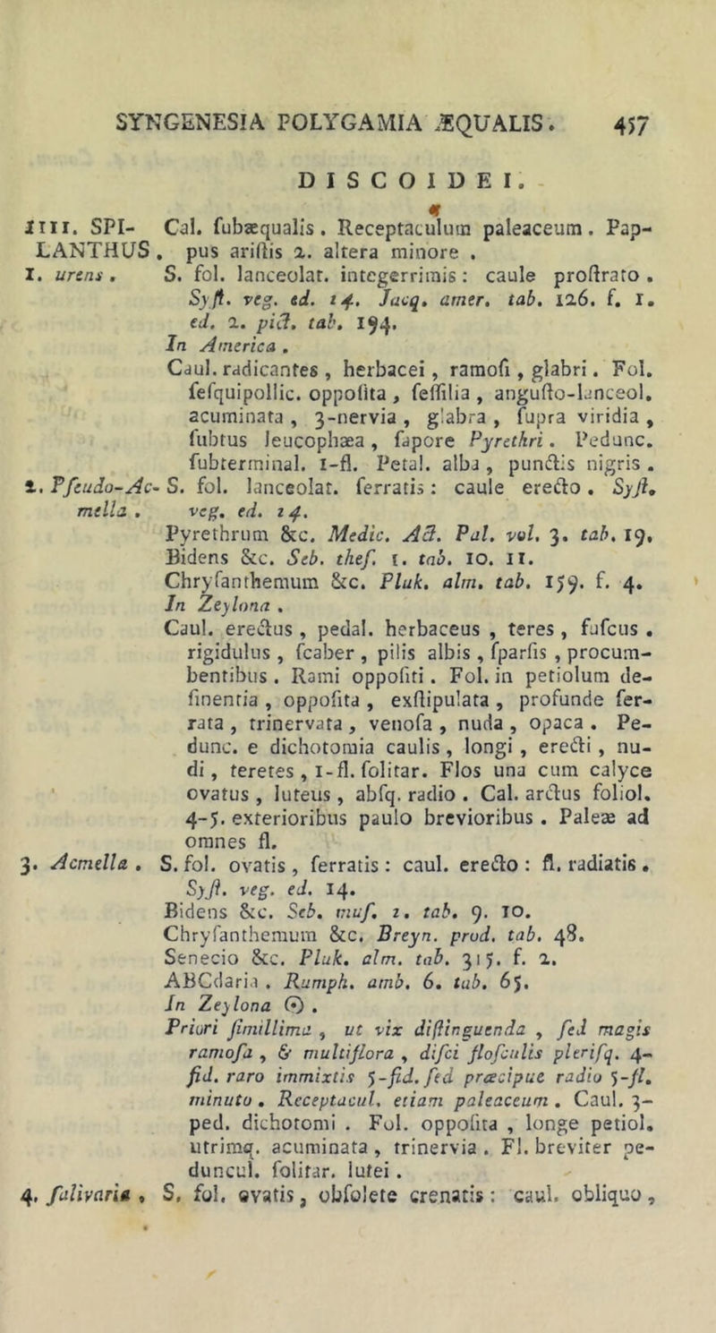 inr. SPI- LANTHUS. I. urens . 1. Tfeudo-Ac- mtlla . 3. Acmella . 4, faUvaria , D I S C O I D E I. n Cal. fubaequalis. Receptaculum paleaceum . Pap- pus aridis a. altera minore . S. fol. lanceolar. integerrimis: caule proflrato . Syft. veg. id. 14. Jacq. amer. tab. 12.6. f. I. ed. 1. pid. tab. 194. In America . Cdul. radicantes , herbacei, ramofi, glabri. Fol. fefquipollic. oppofita , feffilia , angufto-lanceol. acuminata , 3-nervia , glabra , fupra viridia , fubtus leucophaea, fapore Pyrethri. Pedunc. fubterminal. i-fl. Peta!. alba , pundis nigris . S. fol. lanceolat. ferratis: caule eredo. Syjl, veg. ed. 14. Pyrethrum &amp;c. Medie. Ad. Pal. vol. 3. tab. 19, Bidens &amp;c. Seb. thef. 1. tab. IO. II. Chryfanthemum &amp;c. Pluk. alm. tab. 159. f. 4. In Zeylona . Caul. eredus, pedal. herbaceus , teres , fufeus . rigidulus , fcaber , pilis albis , fparfis , procum- bentibus . Rami oppofiti. Fol. in petiolum de- finenria , oppofita , exflipulata , profunde fer- rata , trinervata , venofa , nuda , opaca . Pe- dunc. e dichotoraia caulis , longi , eredi , nu- di, teretes , i-fl. folitar. Flos una cum calyce ovatus , luteus, abfq. radio . Cal. ardus folio!. 4-5. exterioribus paulo brevioribus . Paleae ad omnes fl. S. fol. ovatis , ferratis : caul. eredo : fl. radiatis . Syji. veg. ed. 14. Bidens &amp;c. Seb. muf. z. tab. 9. TO. Chryfanthemum &amp;c. Breyn. prud. tab. 48. Senecio &amp;c. Pluk. alm. tab. 315. f. 2. ABCdaria . Rumph. amb. 6. tab. 65. Jn Zeylona 0 . Priori Jimillima , ut vix diftinguenda , fed magis ramofa , 6- multiflora , difei flofculis pierifq, 4- fid. raro immixtis 5-fid.fta pracipue radio 'i-fl. minuto . Receptacul. etiam paleaceum . Caul. 3- ped. dichotomi . Fol. oppofita , longe petiol. utrimq. acuminata , trinervia . Fl. breviter pe- duncul. folitar. lutei. S, fol. ovatis, obfoiete crenatis: caul. obliquo.