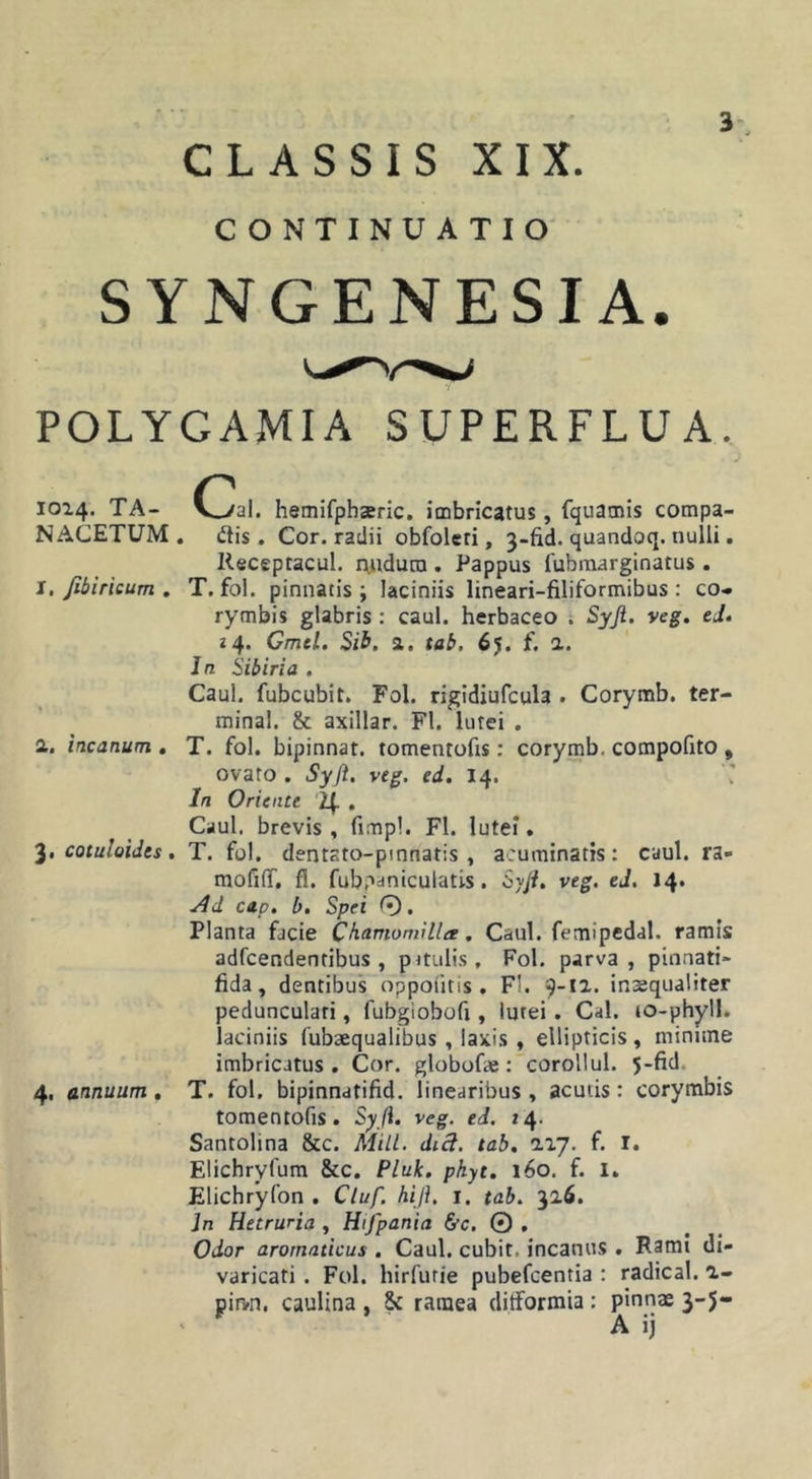 CLASSIS XIX CONTINUATIO SYNGENESIA. POLYGAMIA SUPERFLUA. . J 1014. TA- (3al. hemifphaeric. imbricatus, fquamis compa- NACETUM . dis. Cor. radii obfoleri, 3-fid. quandoq. nulli. lleceptacul. nudum . Pappus fubmarginatus . I. Jibiricum . T. fol. pinnatis; laciniis lineari-filiformibus : co- rymbis glabris : caul. herbaceo . Syjl. veg. eJ. 24. Cmtl. Sib. a, tab. 65. f. a. In Sibiria . Caul. fubcubit. Fol. rigidiufcula . Corymb. ter- minal. &amp; axillar. FI. lutei . 1. incanum . T. fol. bipinnat. tomentofis: corymb. compofito , ovato . Syft. veg. ed. 14. In Oriente !(• . Caul, brevis , fimpl. FI. lutei. 3. cotuloides. T. fol. dentato-pinnatis , acuminatis: caul. ra- mofifif. fi. fubpaniculati.s. Syjt, veg. ed. 14. Ad cap. b. Spei 0. Planta facie Chamomilla. Caul. femipedal. ramis adfcendentibus , pitulis, Fol. parva, pinnati» fida, dentibus oppofitis . F!. 9-11. inaequaliter pedunculari, fubgiobofi, lutei. Cal. to-phyll. laciniis fubaequalibus , laxis , ellipticis, minime imbricatus. Cor. globofie: corollul. 5-fid 4, annuum. T. fol. bipinnatifid. linearibus, acutis: corymbis tomentofis. Syji. veg. ed. 24- Santolina &amp;c. Mill. dici. tab. 117. f. 1. Elichrylum &amp;c. Pluk. phyt. 160. f. I. Elichryfon . Cluf. hiji. 1. tab. 326. Jn Hetruria , Hifpania &amp;c. 0 , Odor aromaticus . Caul. cubit. incanus . Fami di- varicati . Fol. hirfurie pubefcentia : radical. a- pirvn. caulina , &amp; ramea ditformia: pinnae 3-5-