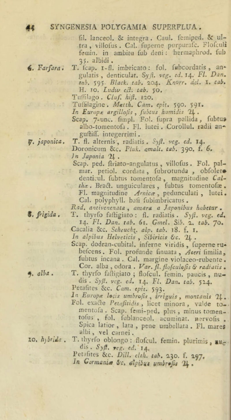 6. Far far a. Sp. japonica. i 9. frigida, 4. alba . 10. h)brida . fil. lanceol. &amp; integra . Caul. feiniped. ul- tra , villofus . Cal. fuperne purpurafc. Flofculi femin. in ambitu fub deni: hermapkrod. fub 35. albidi . T. fcap. i-fl. imbricato: fol. fubcordatis , an* gulatis , denticulat. Syji. veg. ed. 14. FI. Dan. tnb. 595 Black, tab. 104. Knorr. dd. I. tab. H. JO. Ludw cct. tab. 50. TulTilago. Cluf. hift. 120. Tuflilagine. Metth. Carn. epit. 590. 591. In Europx argillojis, fubtus humidis rBt . Scap. 7-unc. fimpl. Fo!. fupra pailida, fubtU9 albo-tomentofa . FI. lutei. Corollul. radii an* guftilf. integerrimi. T. fl. alternis , radiatis . Sy(l. veg. ed. 14. Doronicura &amp;c. Ptuk. amalt. tab. 390. f. 6. )n Japonia 'JJt. . Scap. ped. ftriato-angulatus , villofus. Fol. pal- niar. petiol. cordata , fubrotunda , obfoler» denticul. fubtus tomentofa , magnitudine Cal- thx . Braft. unguicularcs , fubtus tomentofoe . Fl. magnitudine Arnica, pedunculari, lutei. Cal. polyphyll. bali fubimbricatus . Rad. antivenenata , amara a Japonibus habetur . T. thyrfo faftigiato : fl. radiatis . Syfi. veg. ed, 14. Fl. Dan. tab. 61. Crnel. Sib. 1. tab. JQ» Cacalia &amp;c. Scheuch[. alp. tab. 18. f. I, In alpibus Helveticis , Sibiricis 6 c. '2f . Scap. dodran-cubital. inferne viridis, fuperne ru- befcens. Fol. profunde finuata , A«eri fimilia, fubtus incana . Cal. margine violaceo-rubente . Cor. alba , odora . Var. jl. flofculcfis &amp; radiatis . T. thyrfo fafligiato ; flofcul. femin. paucis , nu- dis . Sy/t. vcg. ed. 14. Fl. Dan. tab. 514. Petafues &amp;c. Cnm. epit. 593. In Europx lacis umbro fis , irriguis, montanis Tf-. Fol. exade Peiajitidis , licet minora, valde to- mentofa . Scap. femi-ped. plus , minus tomea- toiiis , fol. iublanceol. acuminat, «ervofis . Spica latior, lata , pene urabellata . Fl. mares albi, vel carnei. 7 . thyrfo oblongo : flofcul. femin. plurimis , »h- dis . Syfi. re?,. ed. 14. Petafites &amp;c. Dill. elth. tab. 2.30. f. 297, In Germania 5-c, alpibus utnbrajis 'I4 .