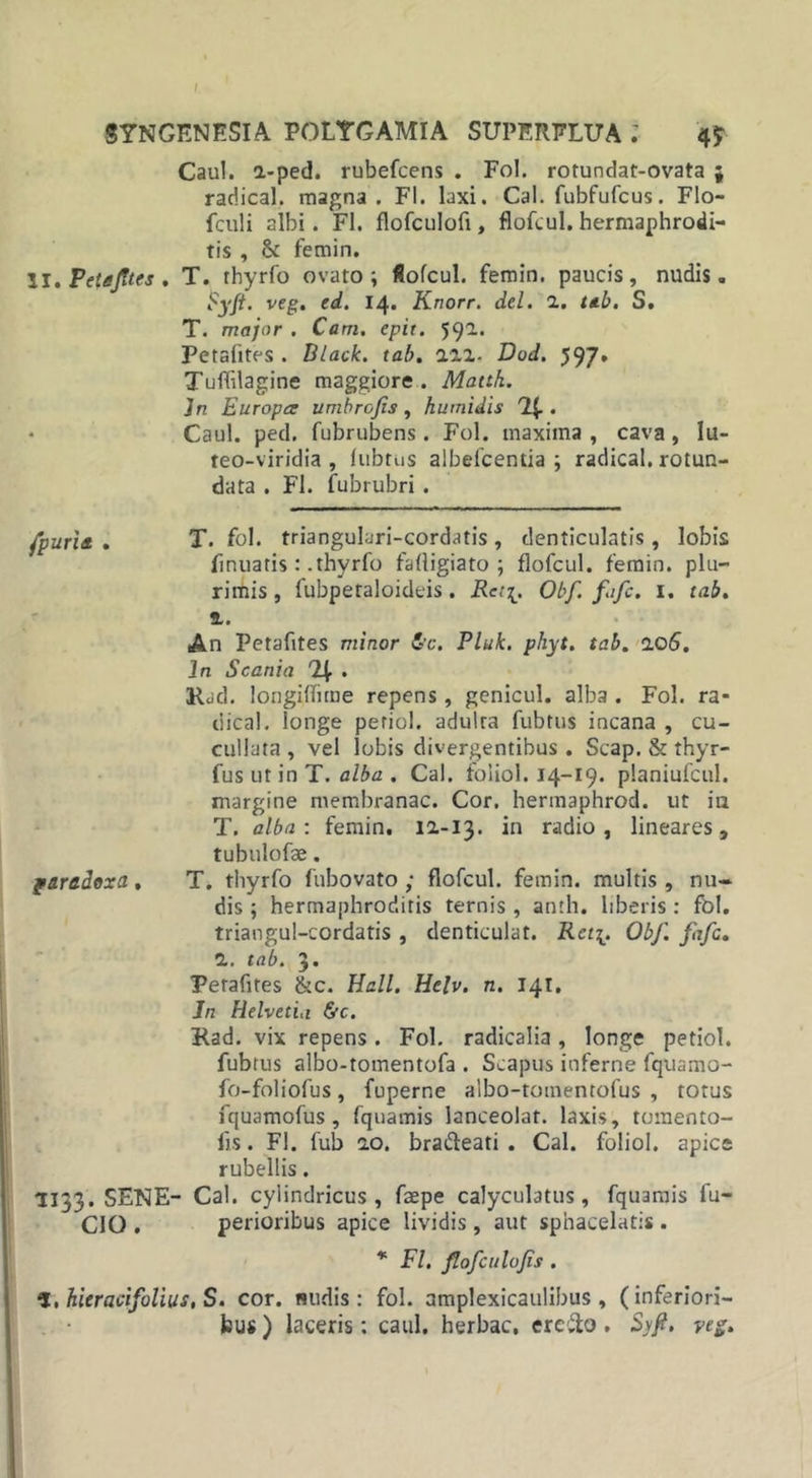 Caul. a-ped. rubefcens . Fol. rotundat-ovata ; radical. magna . FI. laxi. Cal. fubfufcus. Flo- fculi albi. FI. flofculofi, flofcul. hermaphrodi- tis , &lt;k femin. II. Peteftes , T. thyrfo ovato; flofcul. femin. paucis, nudis. $yft. veg. ed. 14. Knorr. dei. 1. tab. S. T. major . Ca m. epir. 591. Petafites . Black, tab. aai- Dod. 597. Tuffilagine maggiore . Matth. )n Europa umbrofis , hurnidis 1. Caul. ped. fubrubens. Fol. maxima, cava, lu- teo-viridia , fubtus albelcentia ; radical. rotun- data . FI. fubrubri . fpurii , T. fol. triangulari-cordatis , denticulatis , lobis finuatis: .thyrfo faftigiato ; flofcul. femin. plu- rimis , fubpetaloideis. Reti. Obf fafc, 1. tab, a. An Petafites minor Stc. Pluk. phyt. tab, 106. In Scania %- Kad. longiflime repens, genicul. alba . Fol. ra- dica!. longe periol. adulta fubtus incana , cu- cullata , vel lobis divergentibus . Scap. &amp; thyr- fus ut in T. alba . Cal. foliol. 14-19. planiufcul. margine membranae. Cor. hermaphrod. ut iu T. alba: femin. 12.-13. in radio, lineares, tubulofae. paradoxa. T. thyrfo fubovato ; flofcul. femin. multis , nu- dis ; hermaphroditis ternis , anth. liberis : fbl. triangul-cordatis , denticulat. Reti. Obf. fafc, 1. tab. 3. Petafites &amp;c. Hali. Helv. n. 141. Jn Helvetia &amp;c. Rad. vix repens. Fol. radicalia, longe petiol. fubtus albo-tomentofa . Scapus inferne fquamo- fo-foliofus, fuperne albo-tomentofus , totus fquamofus, fquamis lanceolat. laxis, tomento- fis. FI. fub 5.0. bra&amp;eati . Cal. foliol. apice rubellis. 1133. SENE- Cal. cylindricus, faspe calyculatus, fquamis fu- CIO . perioribus apice lividis, aut sphacelatis . * FI. flofculofis . 1. hieracifolius, S. cor. nudis: fol. amplexicaulibus , (inferiori- bus ) laceris: caul. herbae, ere&amp;o . Syfi, veg.