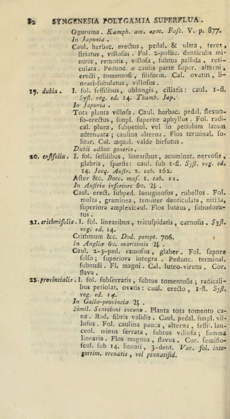 Qguruma . Kxniph. am. txnt. Fafc. V. p. 8/J. Jn Japonia . Caul. herbae, eredus, pedal. &amp; ulrra , teres, ftriarus , viilofus . Fol. 2-pollu. denticulis mi- nuris , remotis , villofa , fubtus pallida , reti- culata. Pedunc. e caulis parte fuper. alterni , erecti, tomenrofi , filiform. Cal. ovatus, li- neari-Iubulatus, villofus. 19. dubia, I. fol. feffilibus, oblongis, ciliatis: caul. i-fl, Syji. veg. ed. 14. Thumb. Jap, Jn Jjpunu . Tota planta villofa . Caul. herbae, pedal. flexuo- fo-eredus, limpl. fuperne aphyllus . Fol. radi- cal. plura, fubpetiol. vel in petiolum latum adtenuara ; caulina alterna . Flos terminal. fo* litar. Cal. tequal. valde hirfutus . Dubii adhuc generis . 4©. enjifolia. I, fol. feffilibus, linearibus, acuminat, nervofis , glabris, fparfis: caul. fub i-fl. Syjt. veg. ed, 14. Jacq. Aujtr. 2. tab. 162. After &amp;c. Bocc, muf I. tab. 11. In Aujtr ia inferiore trc. If . Caul. ered. lubped. lanuginofus , rubellus . Fol. multa, graminea, tenuiter denticulata, nitida, fuperiora amplexicaul. Flos luteus, 1‘ubodora- tus. II. crithmifulia. I. fol. linearibus, tricufpidatis, carnofis . Syji, veg. ed. 14. Crithmum &amp;c. Dod. pempt. 706. » Jn Anglia &amp;c. maritimis ‘2\. . Caul.^ a-3-ped. ramofus , glaber. Fol. fapore falfo; fuperiora integra . Pedunc. terminal. fubnudi. FI. magni. Cal. Iuteo-virens . Cor, flava . 11.provincialis . I. fol. fubferratis, fubtus tomentofis; radicali- bus periolar. ovatis: caul. erecto , I-fl. Syji, veg. ed. 2 4. Jn Gallo-provincia ieimil. Senecioni incano . Planta tota tomento ca- na . Rad. fibris validis . Caul. pedal. fimpl. vil- lolus . Fol. caulina pauca , alterna , leflib lan- ceol. minus ferrata , fubtus villofa; fumma linearia . Flos magnus , flavus. Cor. femiflo- fcul. fub 14. lineati, 3-dent. Var, fol. inte- gerrini, crenatis , vel puuutijid.