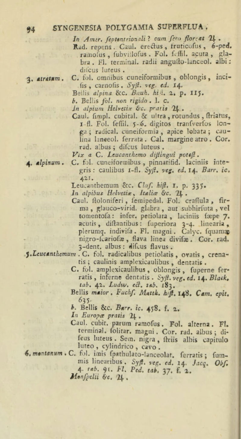 In Amer. ftpttnt nonali ? cum fero floreat 21 . Rad. repens. Caul. erectus, truticufus, 6-ped. ramo fu s, fubvidofus. Fol. fflbl. acuta, gla- bra. FI. terminal. radii angulto-lanceol. albi: diicus luteus . 3. atratum. C. fol. omnibus cuneiformibus , oblongis, inci- fis, carnofis. Syfl. vcg. cd. 14. Bellis alpina &amp;c. Buuh. Ai i. 2, p. 115. b. Bellis fol. non rigido . I. c, Jn alpiuni Helvetir &amp;c. pratis '24- • Caul. fimpl. cubital. &amp; ultra , rotundus, ftriatus, 1 fl. Fol. feffil. 5-6. digitos tranfverfos lon- ga ; r^dical. cuneiformia , apice lobata ; cau- lina laneeol. ferrata . Cal. margine atro. Cor. rad. aibus ; difeus luteus . Vix a C. Lcucanthemo diflingui potefl. 4. alpinum. C. fol. cuneiformibus , pinnaritid. laciniis inte- gris : caulibus i-fl. Syfi, vcg. cd. 14. Barr, ic. 421. Leucanthemum 8tc. Cluf. kift. I. p. 33 J. Jn alpibus Helvetia:, Italia &amp;c. 2. Caul. lloloniferi, fernipedal. Fol. craflula , fir- ma , glauco-virid. glabra , aut subhirluta , vel tomentofa: infer, petiolara , laciniis faepe 7. acutis, diftantibus : fuperiora 3-4. linearia , plerumq. indivifa . FI. magni. Calyc. fquamqg nigro-Lariofaj , flava linea divifae . Cor. rad. 3-dent. albus: dif.us flavus. f.Lcucanthemum . C. fol. radicalibus petiolatis , ovatis, crena- tis ; caulinis amplexicaulibus, dentatis . C. fol. amplexicaulibus , oblongis , fuperne fer- ratis , inferne dentatis . Syft. vcg. cd. 14. Black, tab. 42. Ludw. c3. j/tb. 183. Bellis maior. Fuchf. AUttb. hfl. 148. Cam. epit, 635. b. Bellis &amp;c. Barr. ic. 458. f. 2. In Europa pratis . Caul. cubir. parum ramofus. Fol. alterna. FI. terminal. folitar. magni. Cor. rad. albus; di- feus luteus . Sem. nigra , ftriis albis capitulo luteo , cylindrico , cavo . mantanum • C. fol. imis fpathulato-lanceolat. ferratis ; fum- mis linearibus. Sy/t. veg. cd. 14. Jacq. Obf. 4. tab. 91. EI. Pcd. tab, 37. f. 2. Manfpelii &amp;c, 14 .