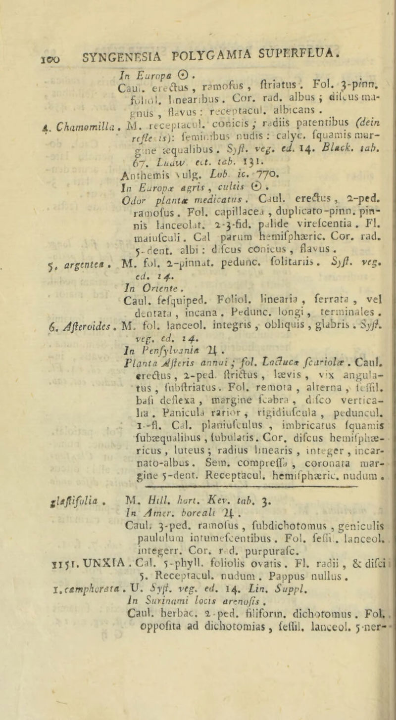 ICO In Europa 0 . Caul. eredus , ramofus , ftnatus . Fol. 3-pmn. fpliol. l.nearibus . Cor. rad. albus; diLus ma- gius , flavus : receptacul. albicans . A Chamomilla. U. receptacul. conicis; radiis patentibus (dein rcfle is): feminibus nudis: calyc. Iquamis mar- g ne iequalibus . cd. 14» Black, tuli. 67. Luaw fit. tdh. 131. Anrhemis sulg. Lob ic. 770. In Europa: agris , cultis 0 . Odor planta medicatus . Caul. eredus , 2.-ped. ramofus. Fol. capillacea , duplicato-pinn. pin- nis lanceolat. 2-3-fid. pulide virefcentia . FI. maiufculi. Cal parum hemifphaeric. Cor. rad. 5. dent, albi: d lcus conicus, flavus. 5. argentea. M. fol. a-pinnat. pedunc. folitariis. Syft. veg. ed. z 4’ In Oriente . Caul. fefquiped. Foliol. linearia , ferrata , vel dentata , incana . Pedunc. longi, terminales . 6. Jfieroides. M. fol. lanceo!, integris , obliquis , glabris. Syjf. veg. ed. 14. In Penfylvunin 2f . Planta aditeris annui • fol. Lactuca fcariolee . Caul. «redus, i-ped. Aridus, laevis, vix angula- tus, fubftriatus. Fol. remota, alterna, ttflil. bdii deflexa , margine fcabra , d.fco vertica- lia . Panicula rarior , rigidiufcula , peduncul. i -fl. Cal. plariiulculus , imbricatus fquamis fubaequalihus , tubulatis. Cor. difeus hemiiphae- ricus , luteus; radius linearis, integer , incar- nato-albus. Sem. compreffd , coronata mar- gine 5-dent. Receptacul. hemifphaeric. nudum . gltftifulia . M. Hili. hort. Ker. tub. 3* In yimer. boreali . Caul. 3-ped. ramofus, fubdichotomus , geniculis paululum inrumefcentibus. Fol. felit , lanceol. integerr. Cor. r d. purpurafe. 1151. UNXIA . Cal. 5-pby'l* foliolis ovatis. FI. radii , &amp;: difei 5. Receptacul. nudum . Pappus nullus. l.c&amp;mphcrata . U. Sy\t. reg. ed. 14. Lin. Suppi. In Surinami locis arenofis . Caul. herbae. 1 - ped. filiform. dichotomus. Fol. oppofita ad dichotomias, feffil. lanceol. 5 ner-